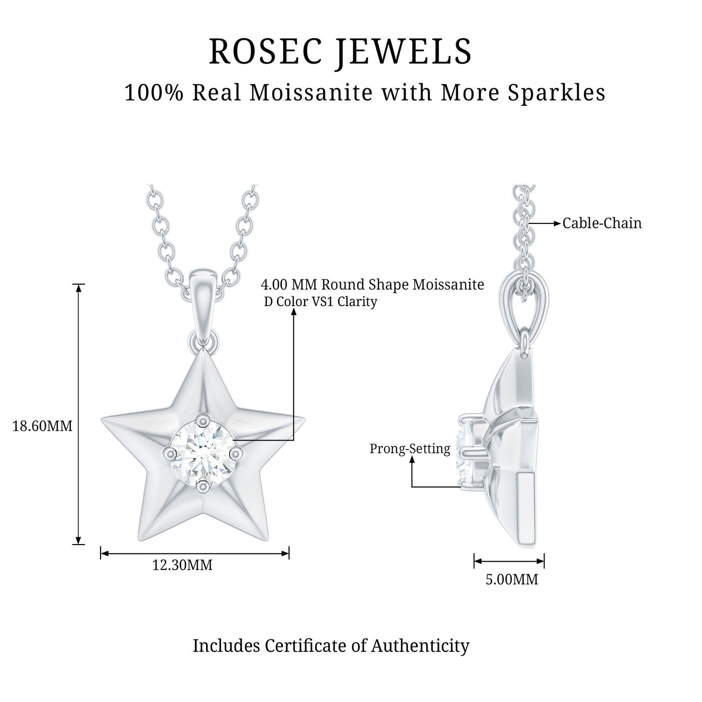Certified Moissanite Star Pendant Necklace with Chain