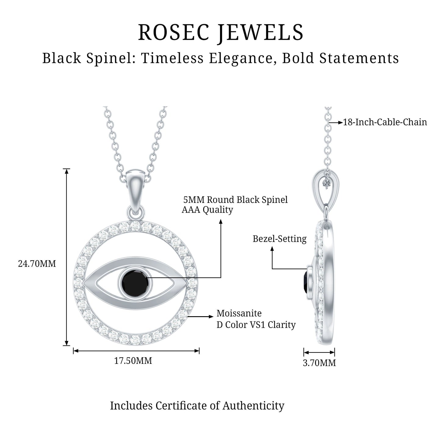 Black Spinel Evil Eye Pendant with Moissanite Eternity