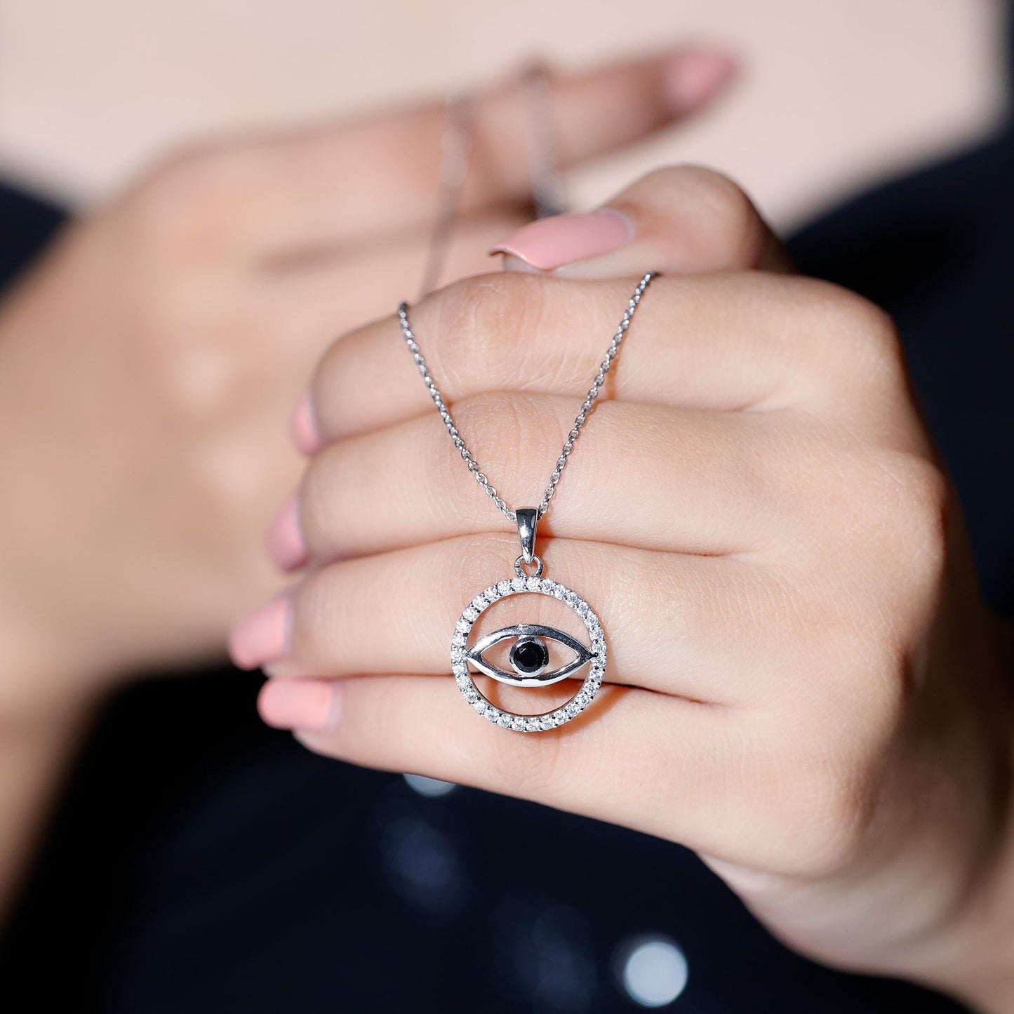 Black Spinel Evil Eye Pendant with Moissanite Eternity