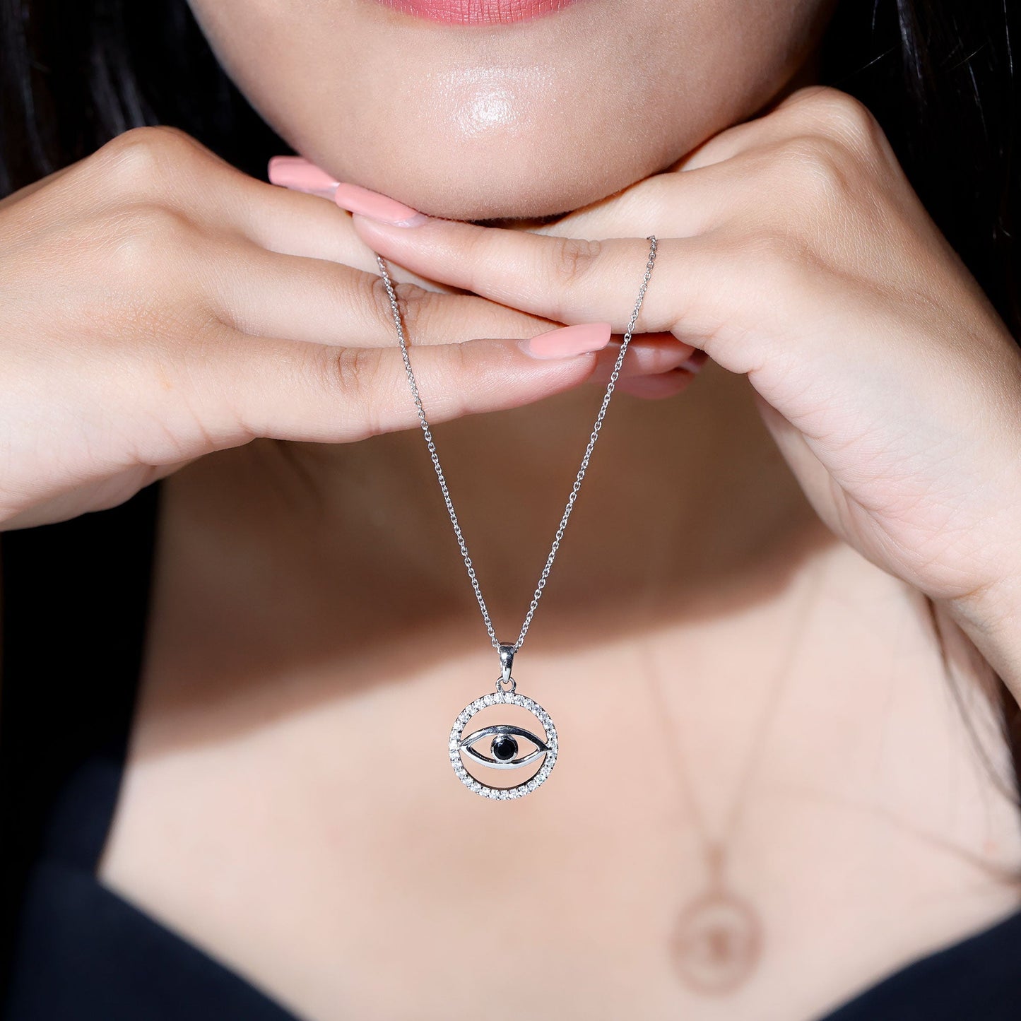 Black Spinel Evil Eye Pendant with Moissanite Eternity