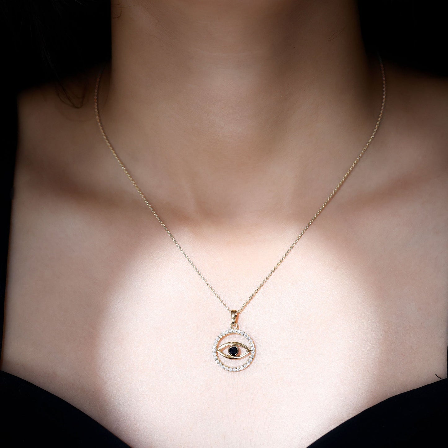 Black Spinel Evil Eye Pendant with Moissanite Eternity