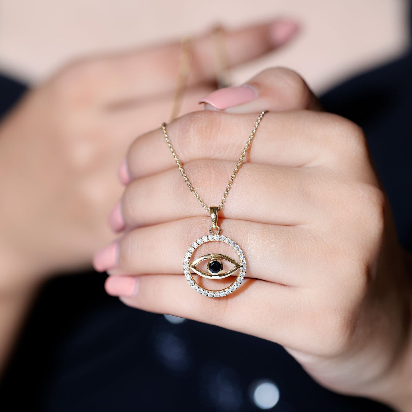 Black Spinel Evil Eye Pendant with Moissanite Eternity