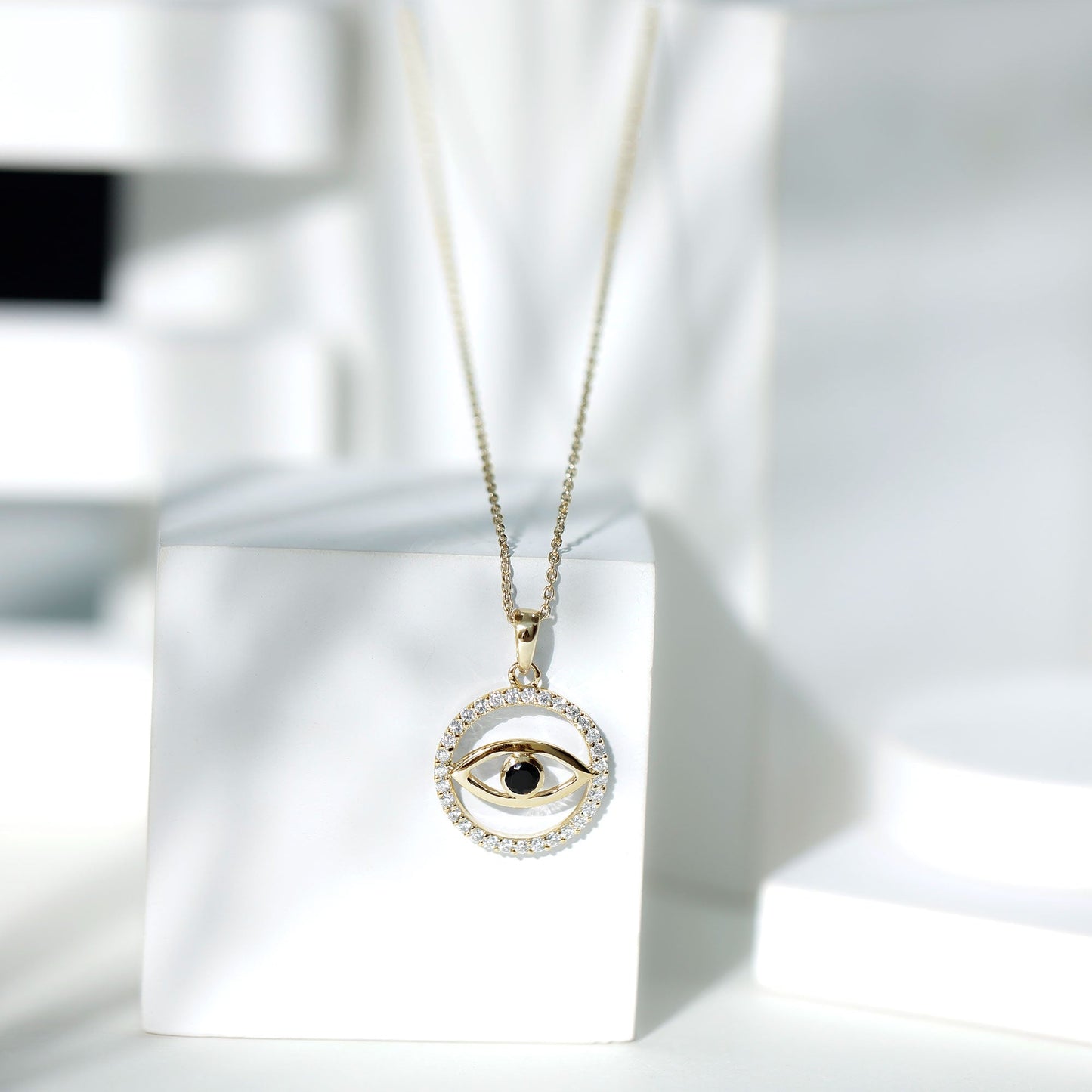 Black Spinel Evil Eye Pendant with Moissanite Eternity
