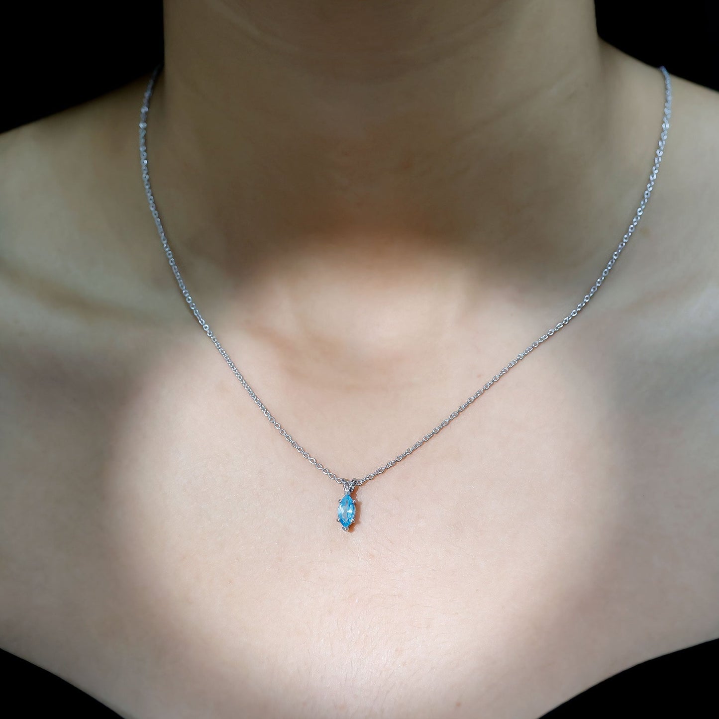 Real 0.7 Carat Marquise Swiss Blue Topaz Solitaire Pendant with Silver Chain