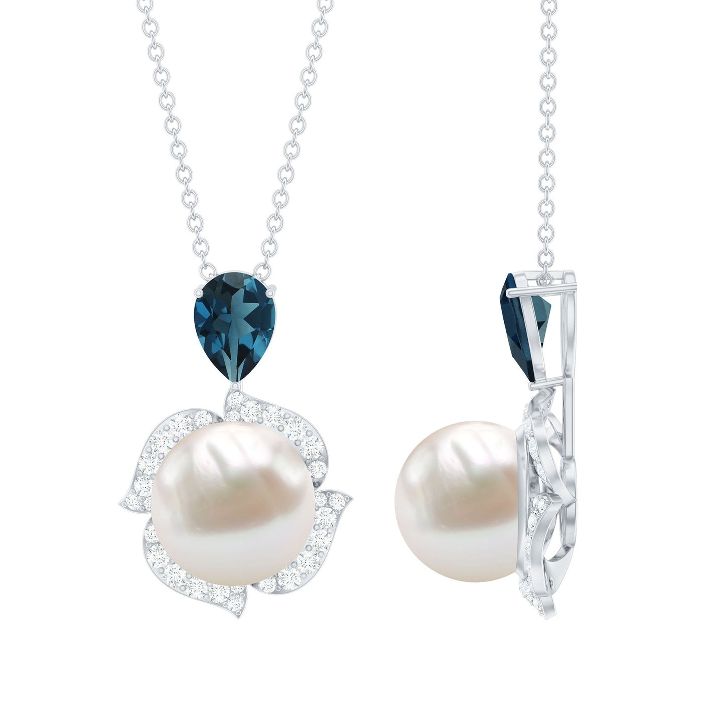 Designer Freshwater Pearl Bridal Necklace with London Blue Topaz