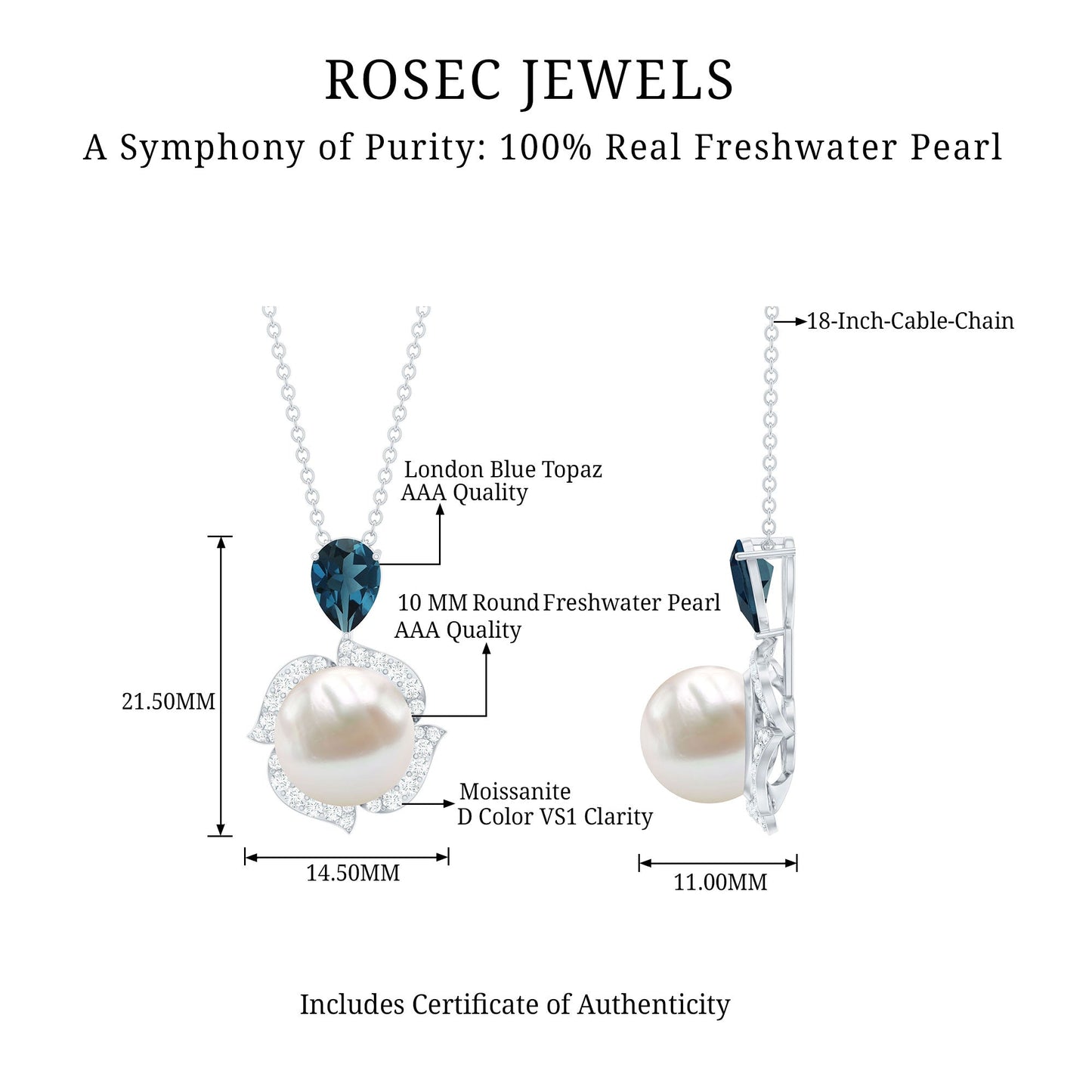 Designer Freshwater Pearl Bridal Necklace with London Blue Topaz