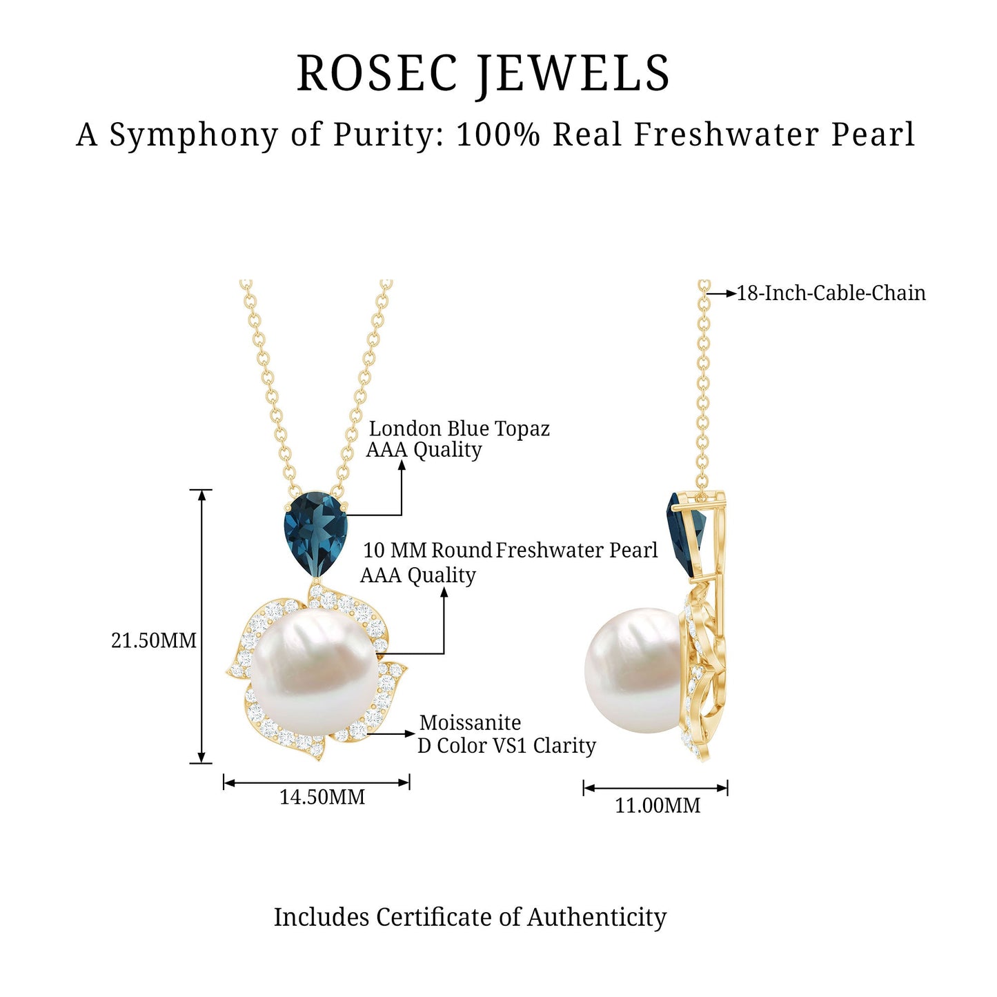 Designer Freshwater Pearl Bridal Necklace with London Blue Topaz