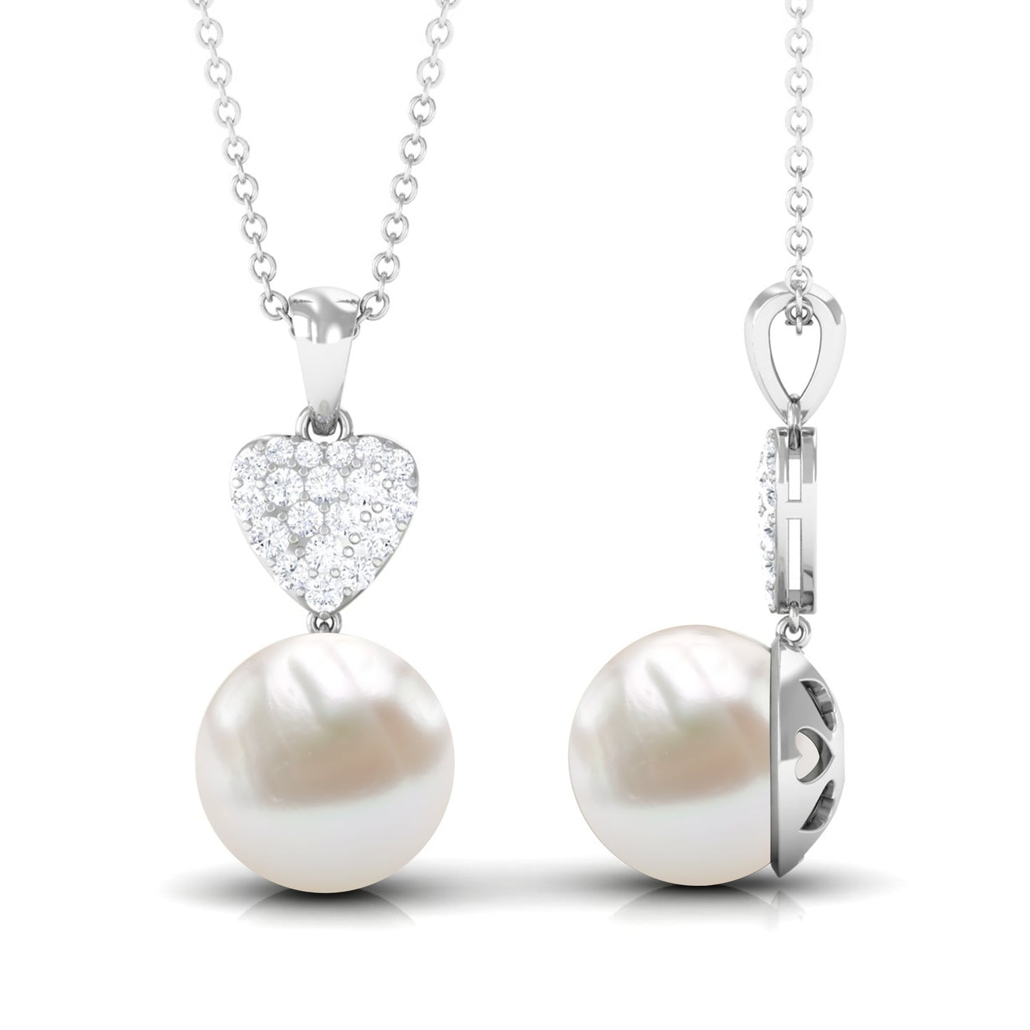 8.5 CT Bead Set Freshwater Pearl and Diamond Heart Dangle Pendant Necklace