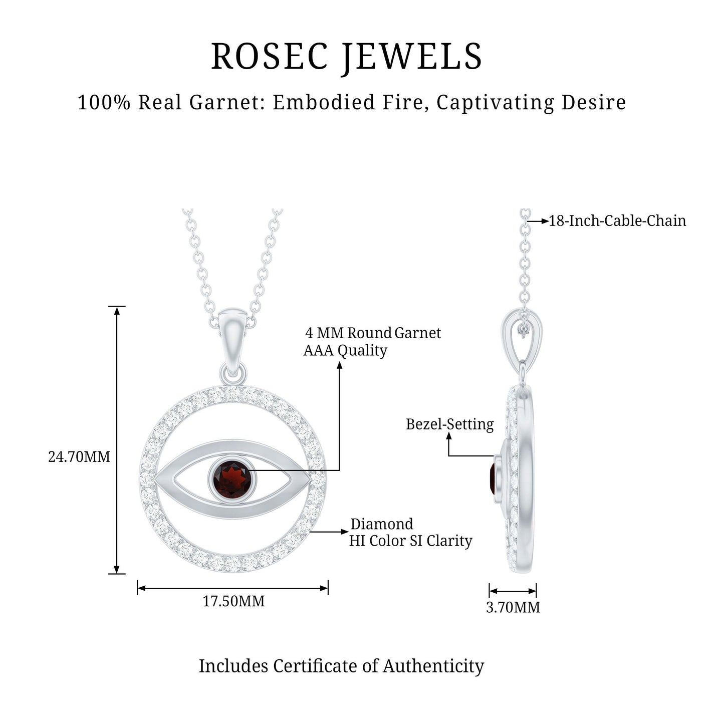 Real Garnet and Diamond Evil Eye Necklace