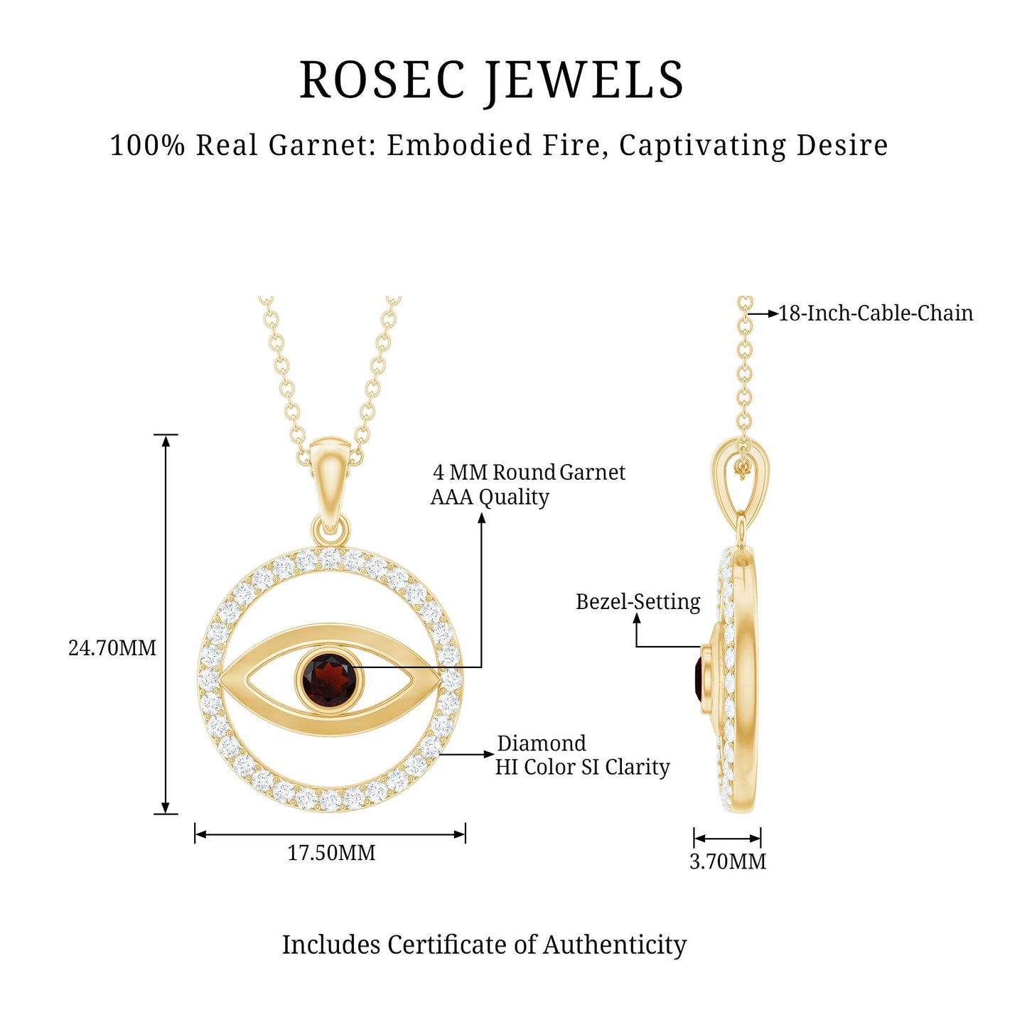 Real Garnet and Diamond Evil Eye Necklace