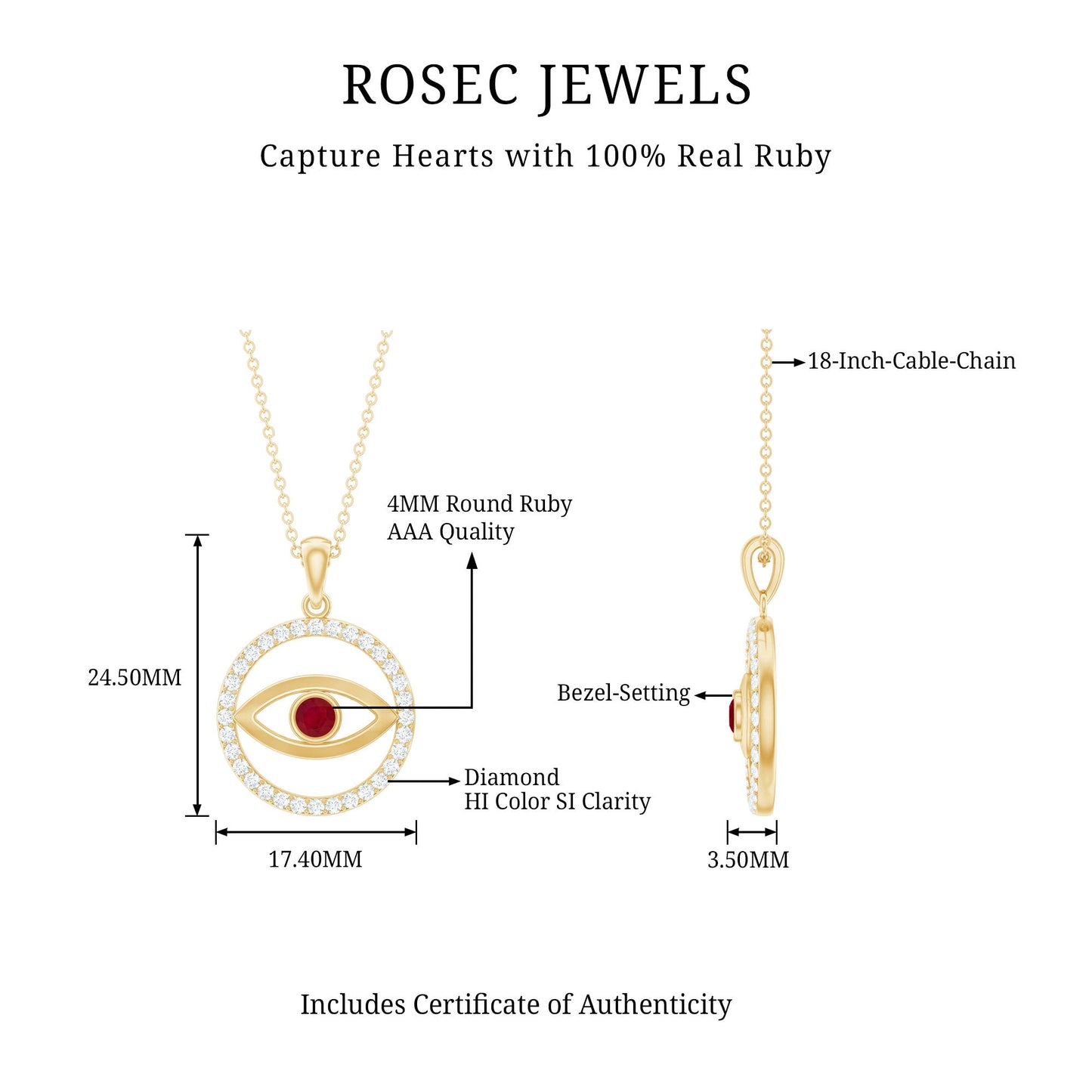 Real Ruby and Diamond Evil Eye Pendant Necklace