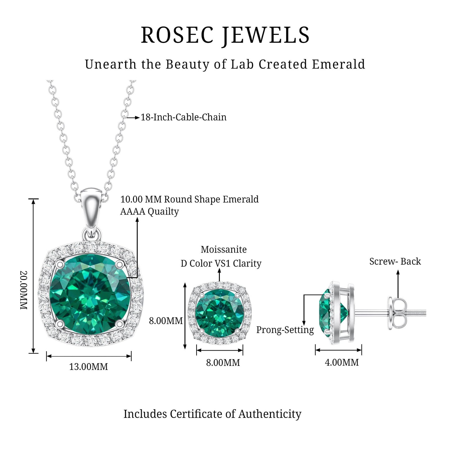 Certified 5 Carat Lab Grown Emerald Necklace and Earring Set for Women