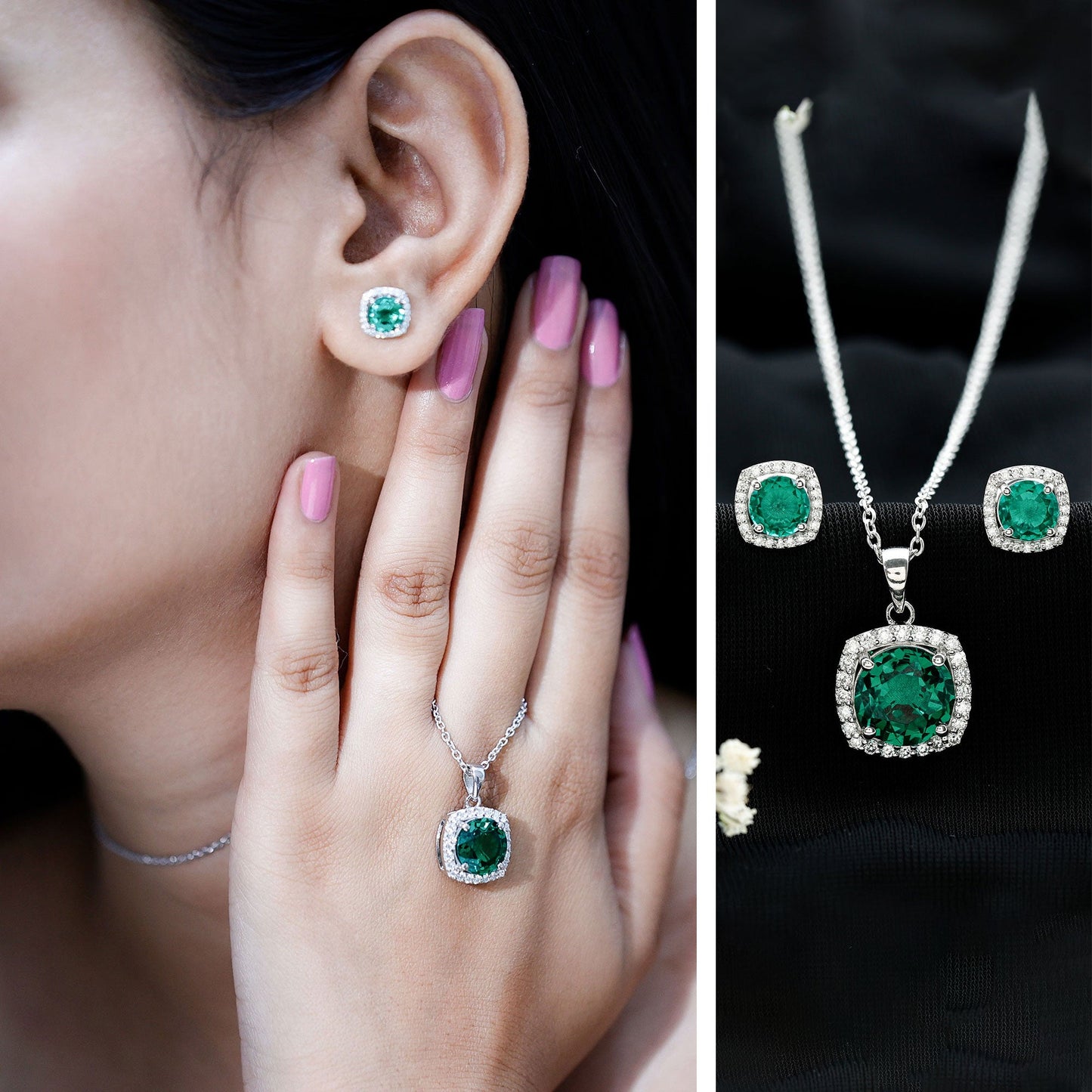 Certified 5 Carat Lab Grown Emerald Necklace and Earring Set for Women