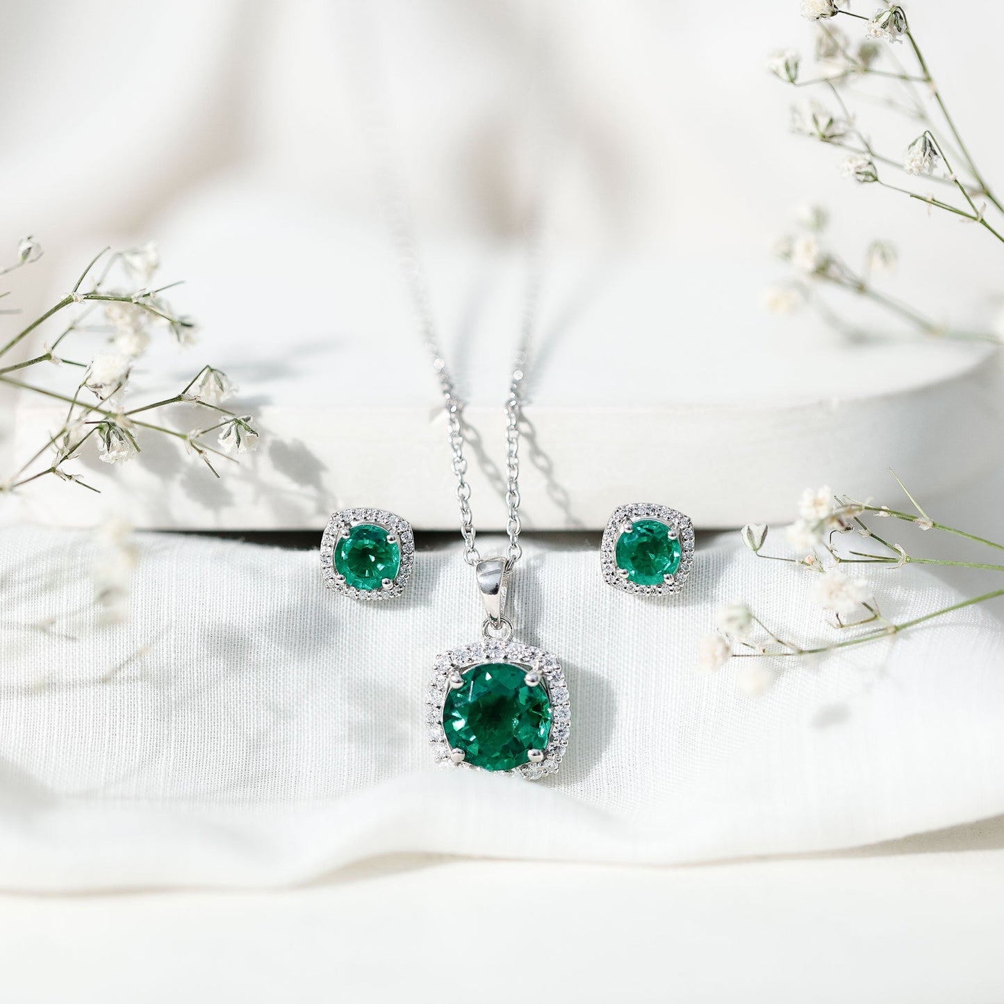 Certified 5 Carat Lab Grown Emerald Necklace and Earring Set for Women