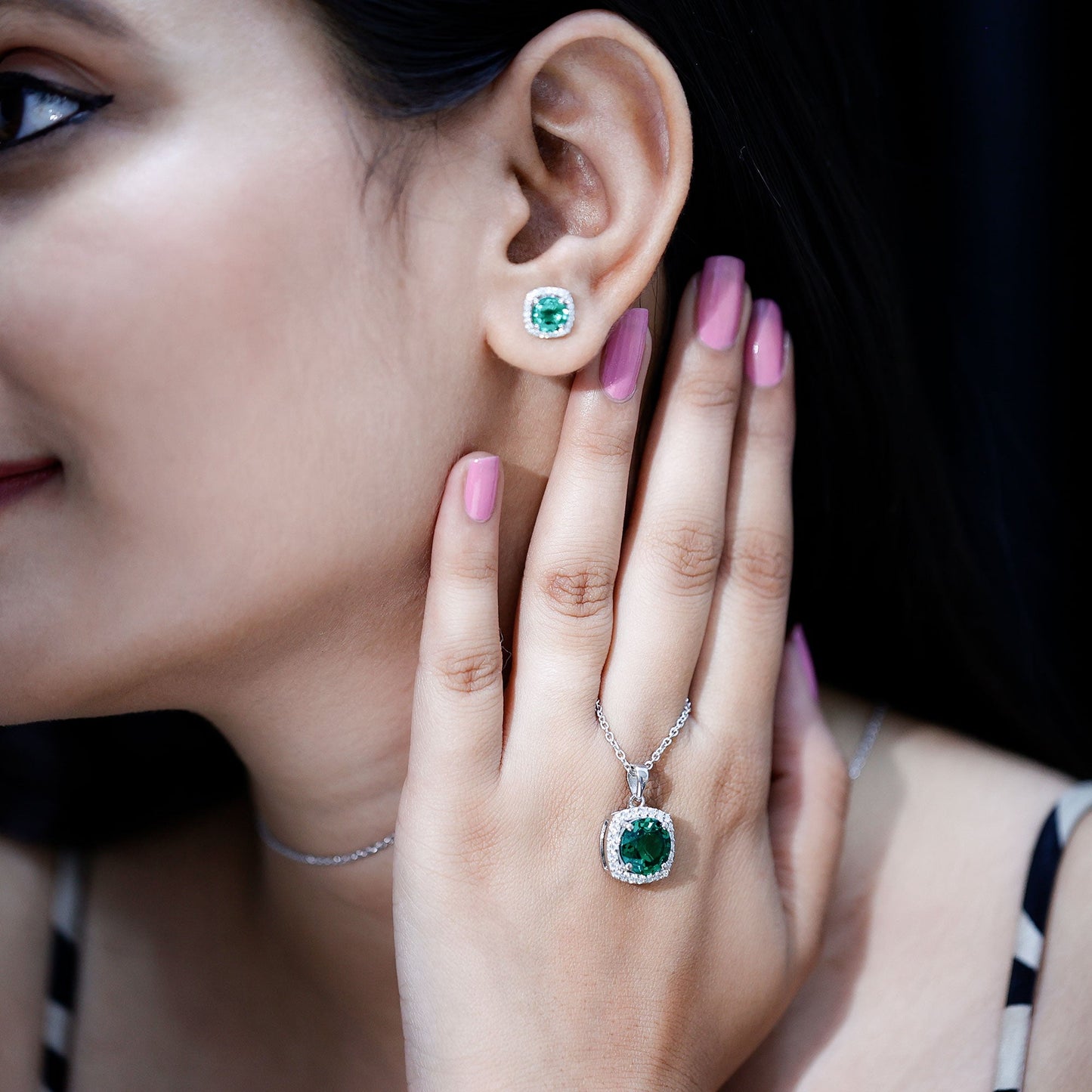 Certified 5 Carat Lab Grown Emerald Necklace and Earring Set for Women