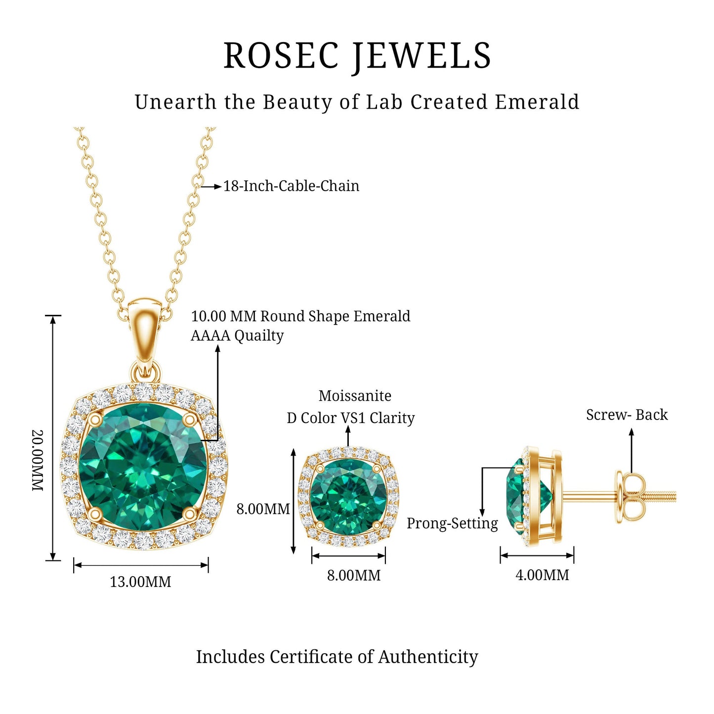 Certified 5 Carat Lab Grown Emerald Necklace and Earring Set for Women