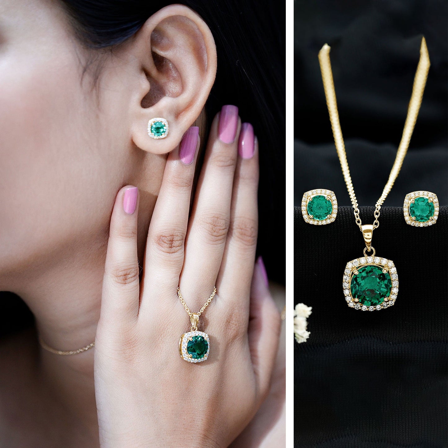 Certified 5 Carat Lab Grown Emerald Necklace and Earring Set for Women