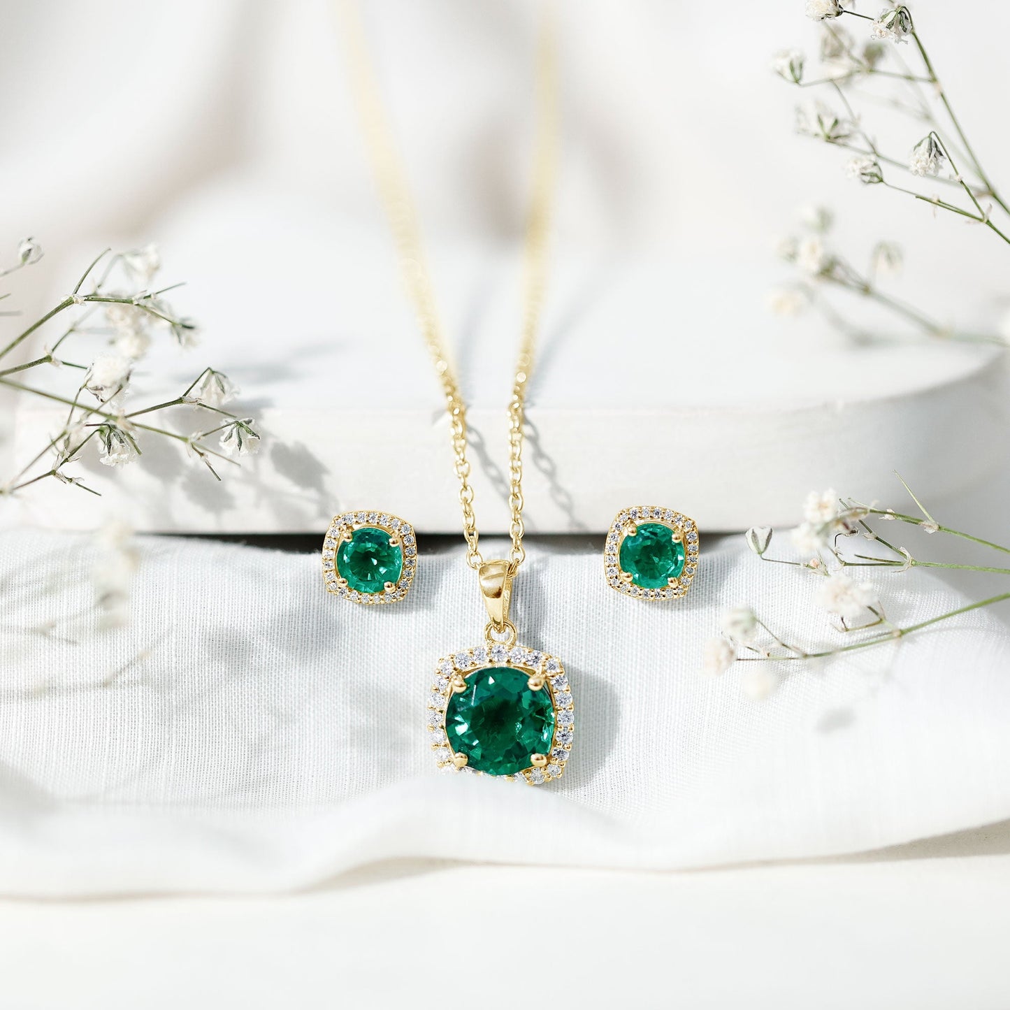 Certified 5 Carat Lab Grown Emerald Necklace and Earring Set for Women