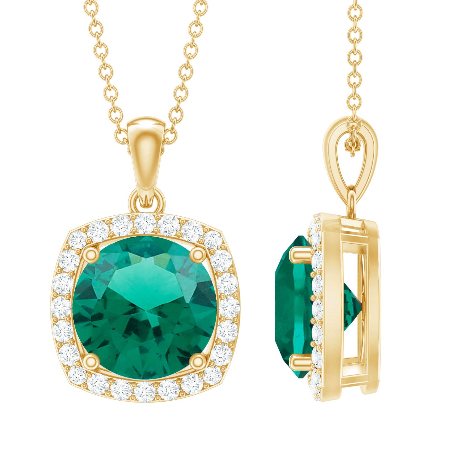 Lab Created Emerald and Moissanite Halo Pendant Necklace