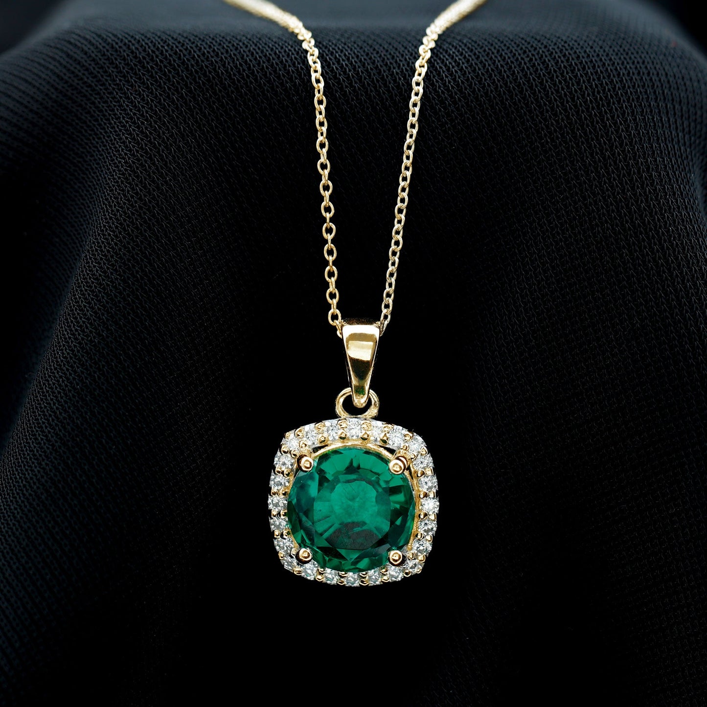 Lab Created Emerald and Moissanite Halo Pendant Necklace