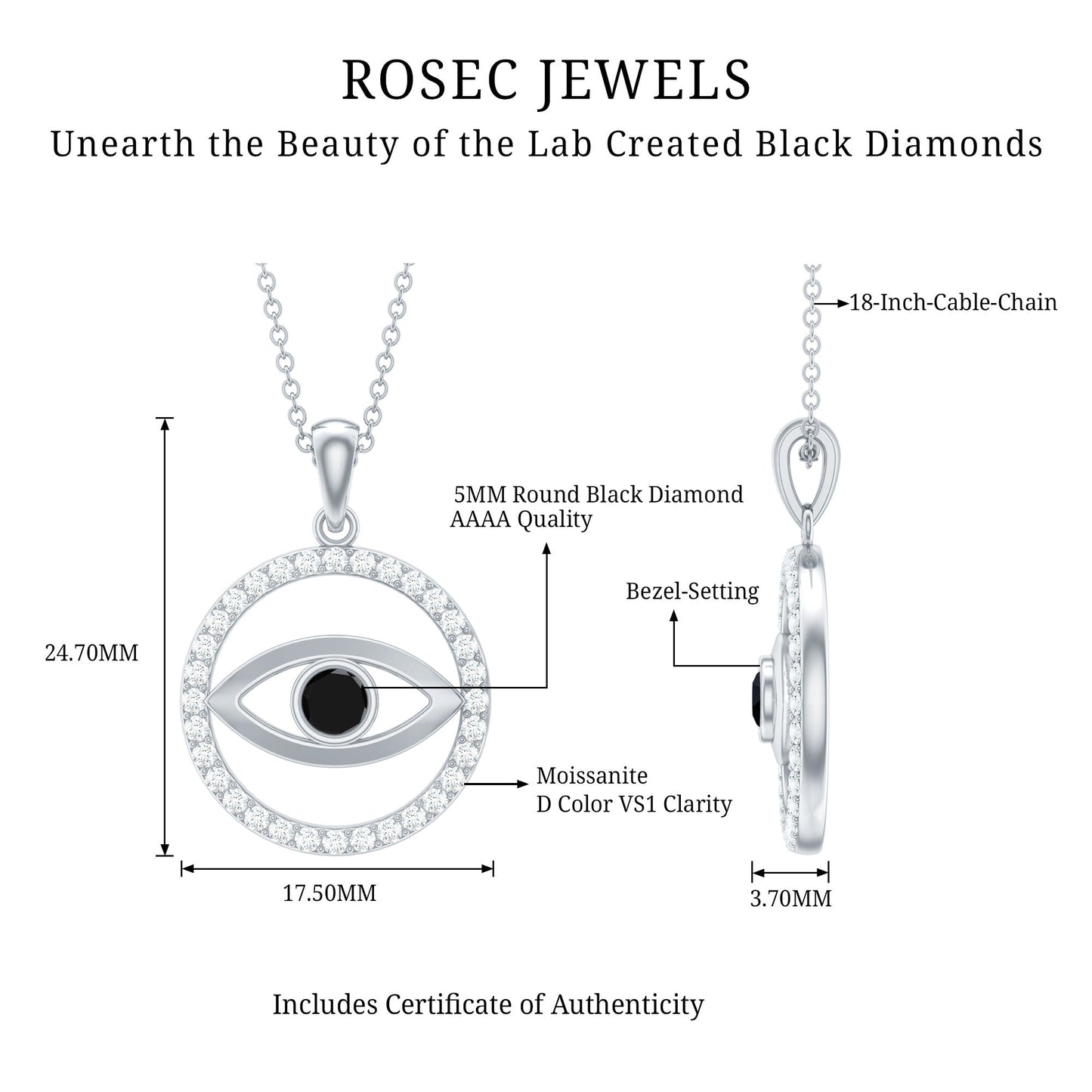 Lab Created Black Diamond Evil Eye Necklace with Moissanite
