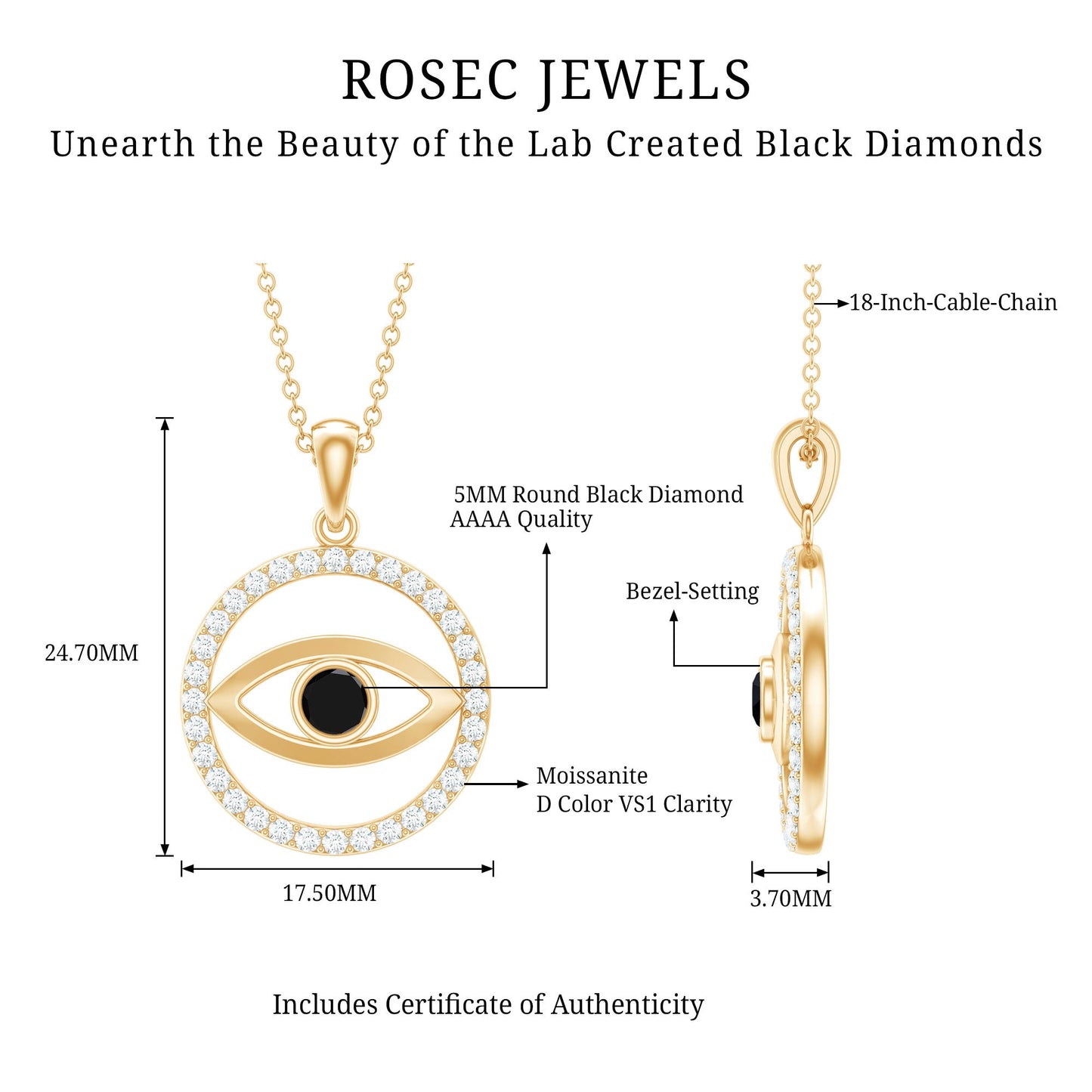 Lab Created Black Diamond Evil Eye Necklace with Moissanite