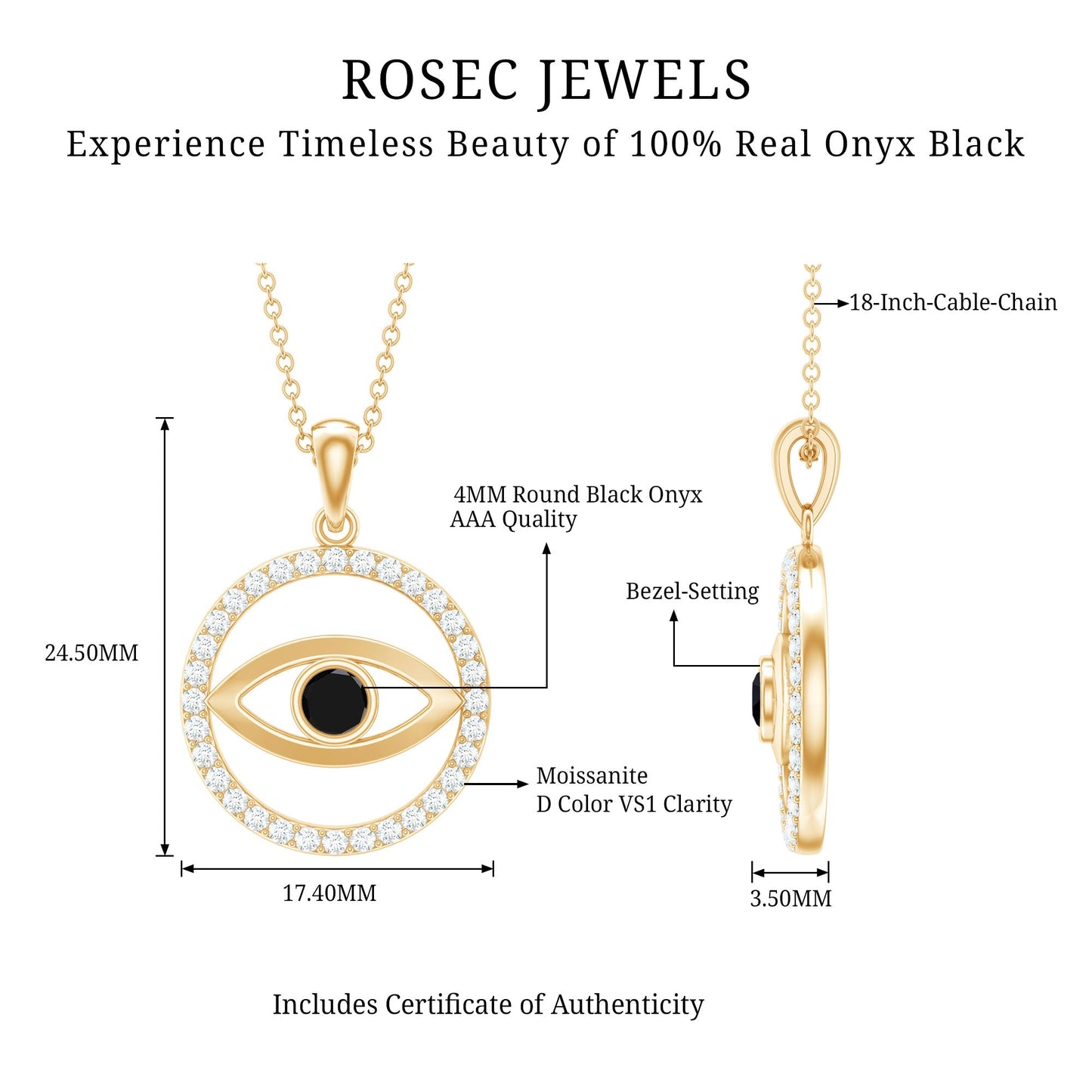 Black Onyx Evil Eye Pendant with Moissanite Eternity Circle