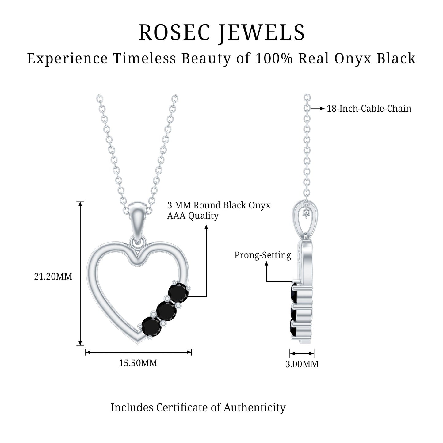 Real Black Onyx Open Heart Pendant Necklace