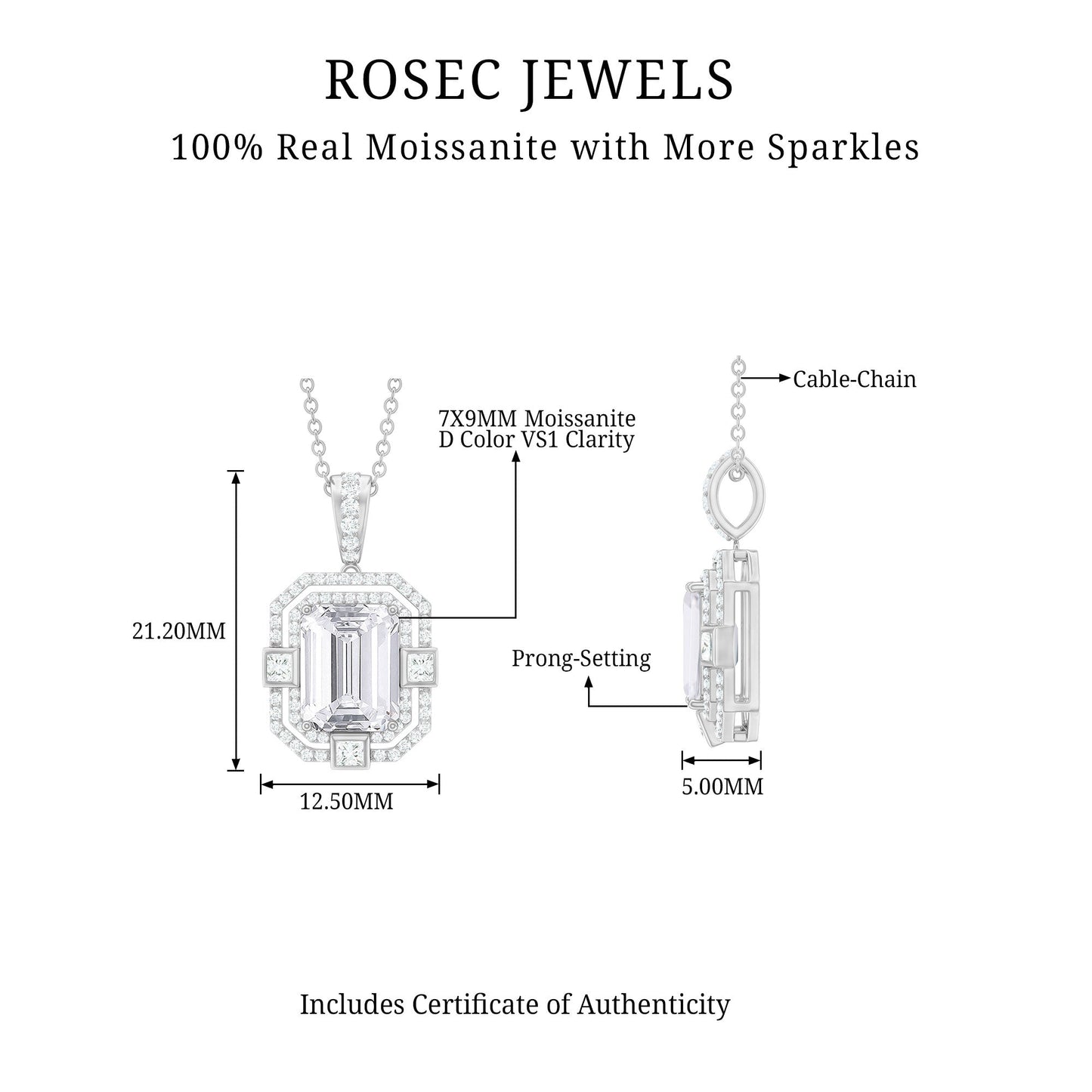 Vintage Style Emerald Cut Moissanite Halo Pendant Necklace