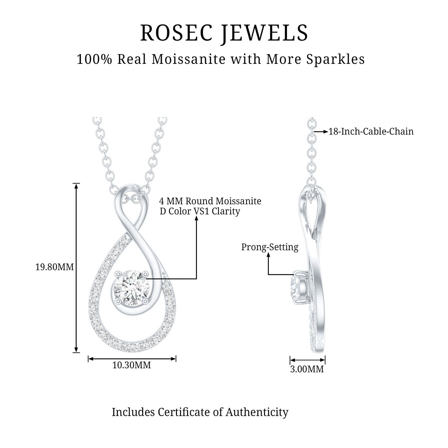 Certified Moissanite Silver Infinity Drop Pendant Necklace