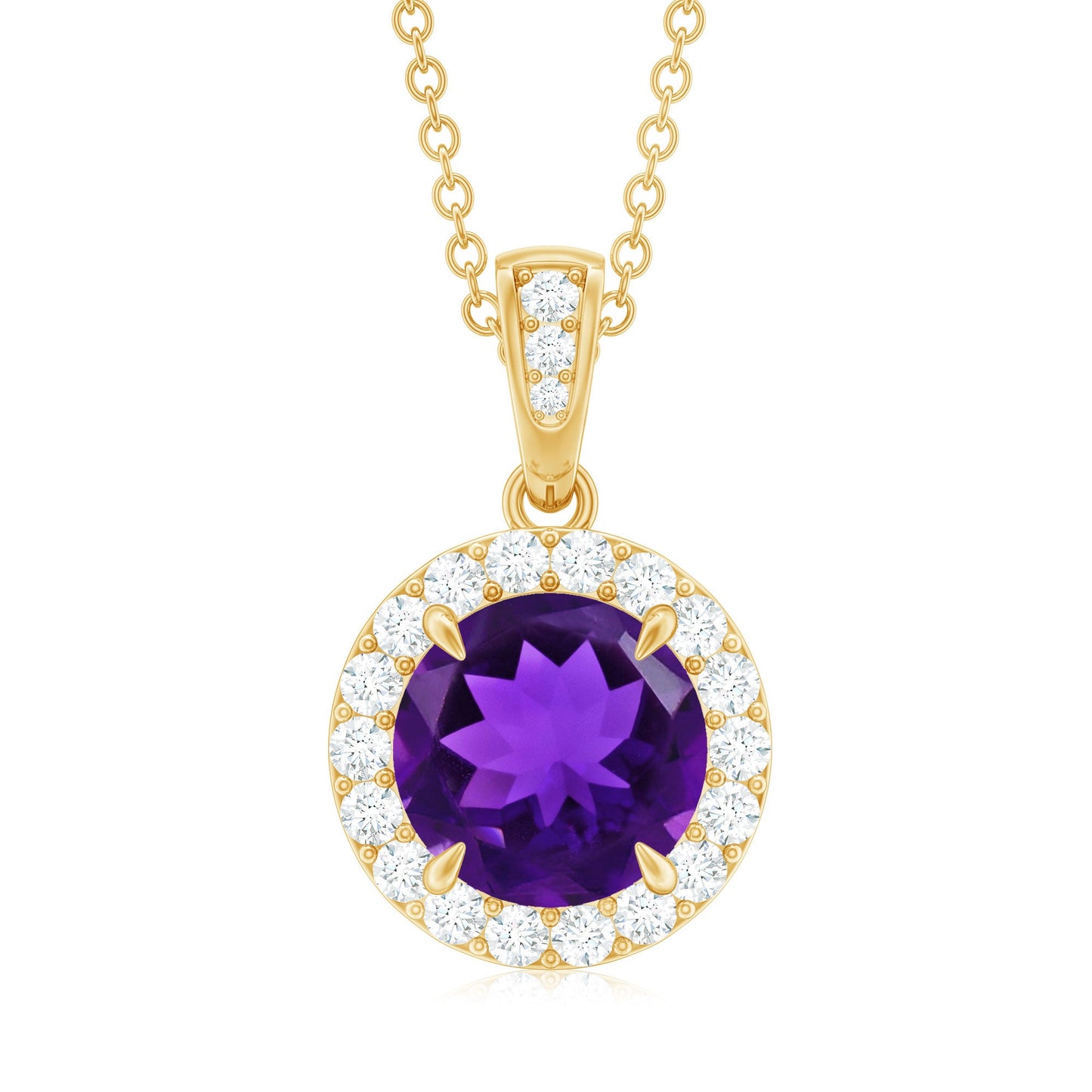 Natural 2 Carat Amethyst Pendant Necklace with Diamond Halo