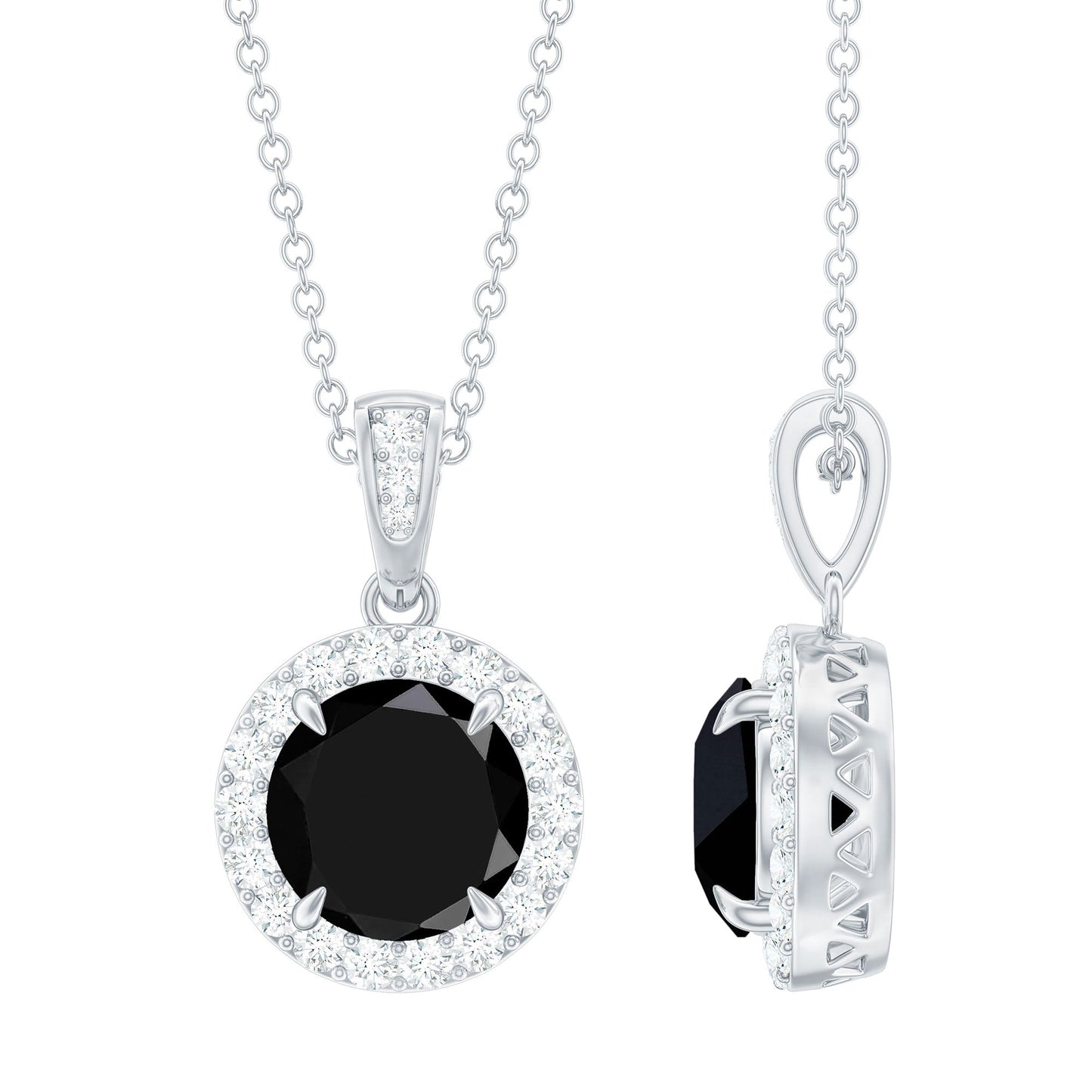 Real 2 Carat Black Onyx Pendant Necklace with Diamond Halo