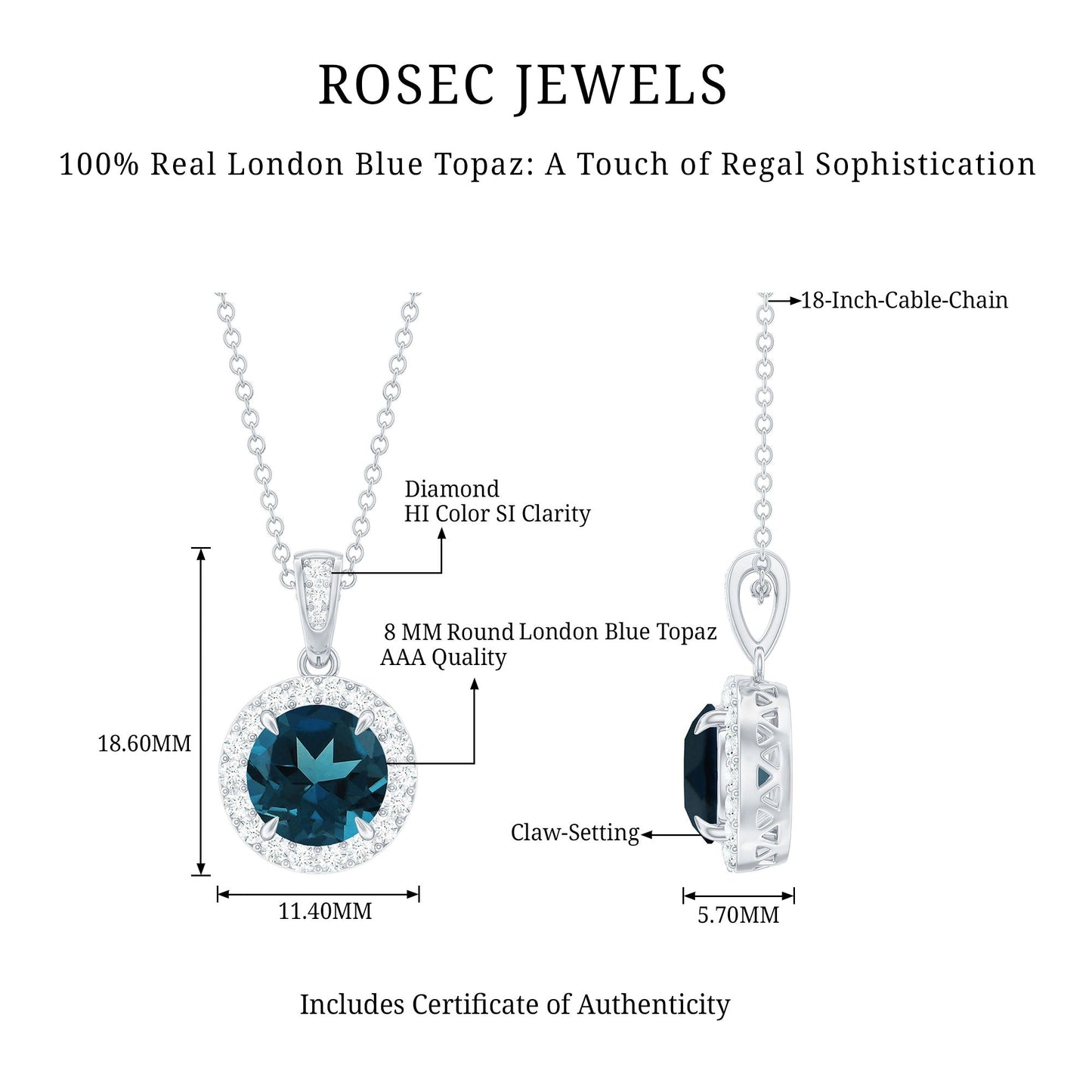 London Blue Topaz Round Halo Pendant with Diamond