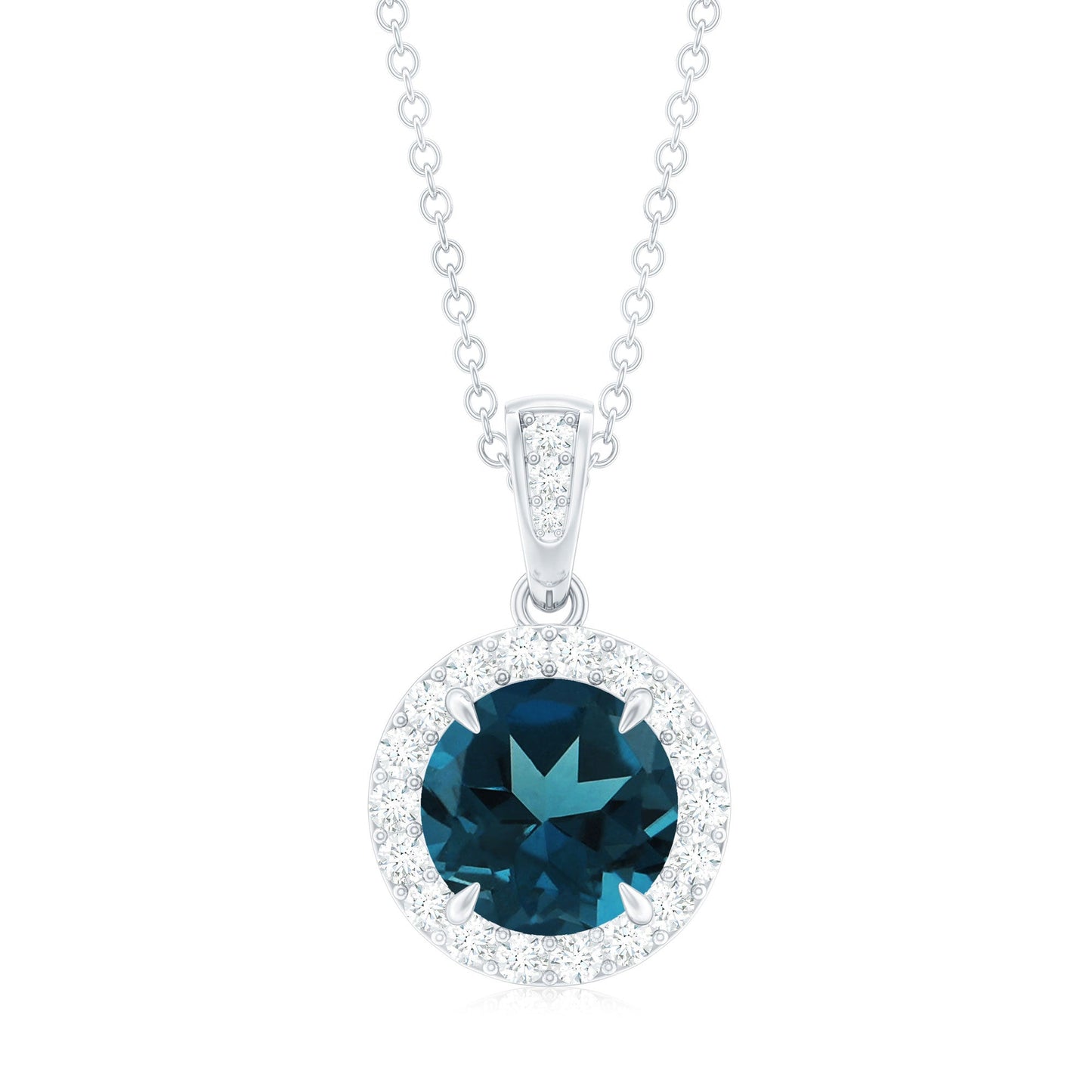 London Blue Topaz Round Halo Pendant with Diamond