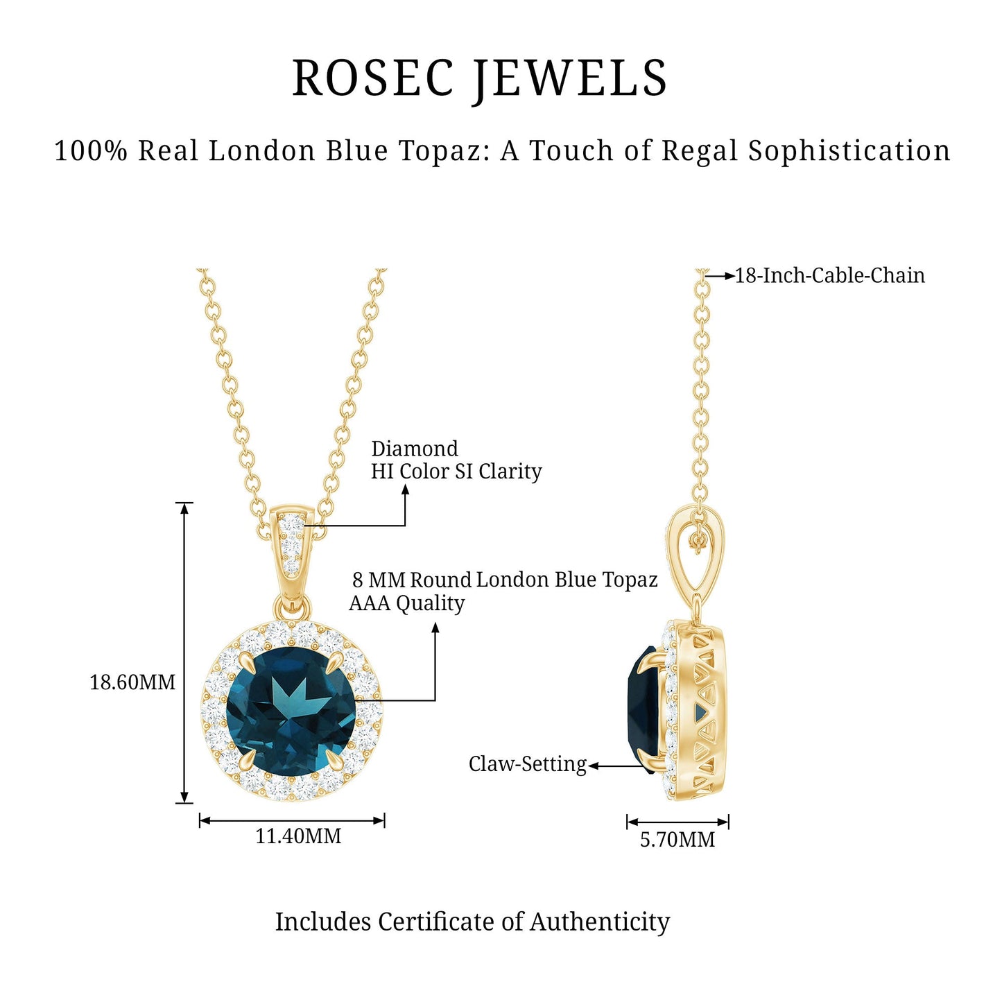London Blue Topaz Round Halo Pendant with Diamond