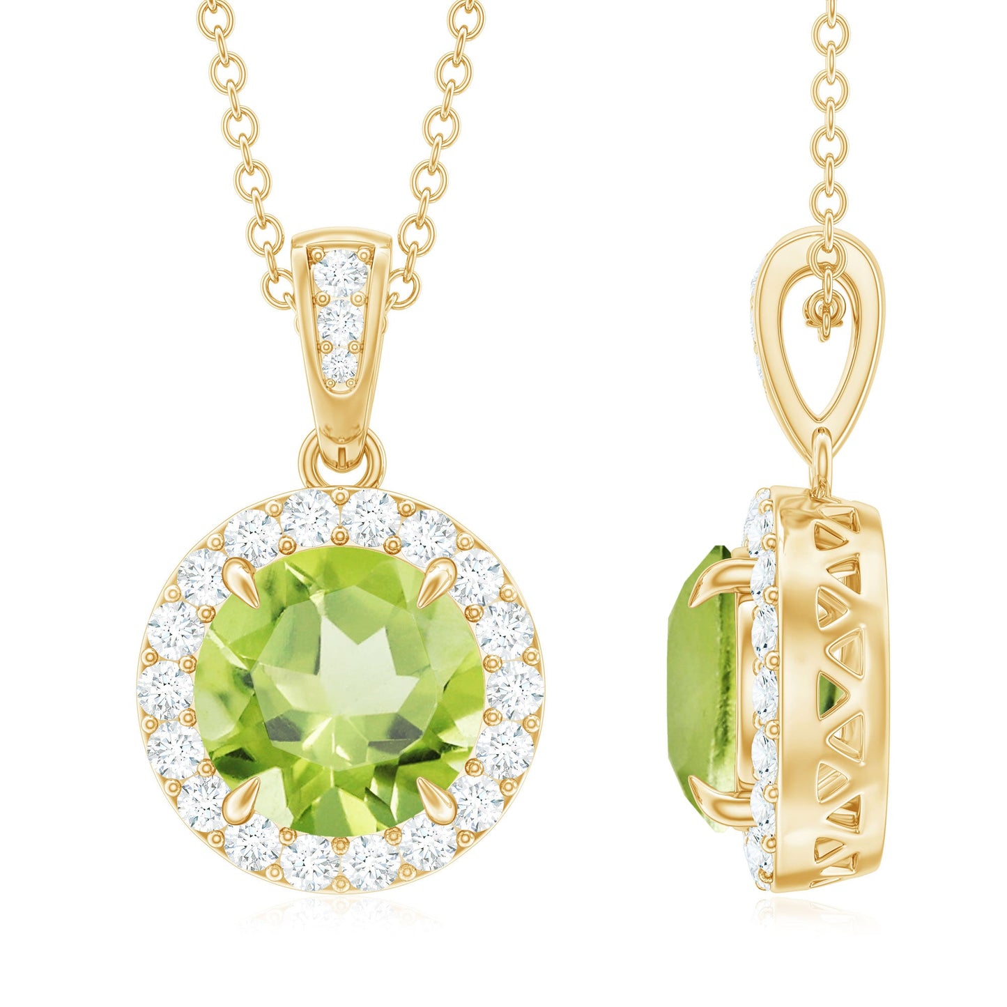 2 Carat Round Peridot and Diamond Halo Pendant Necklace