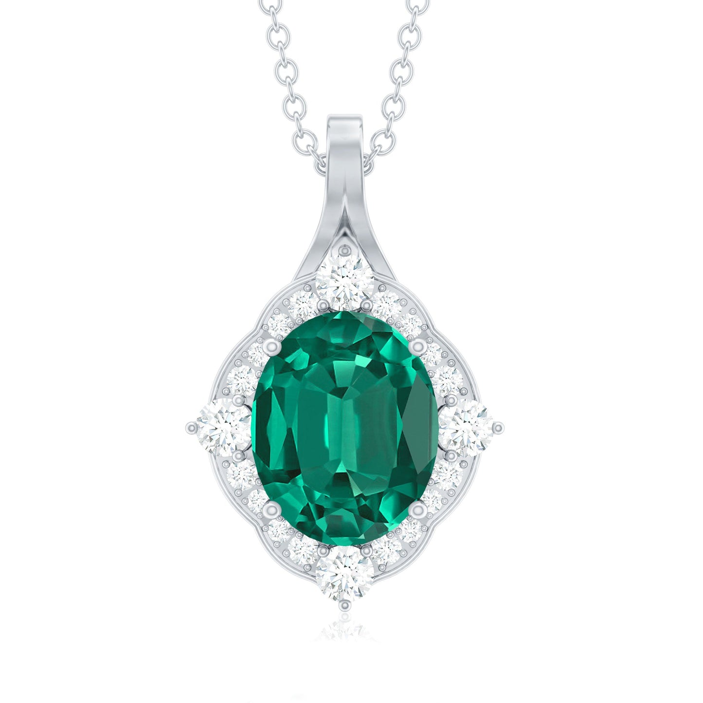 Vintage Style Oval Halo Pendant with Created Emerald and Diamond