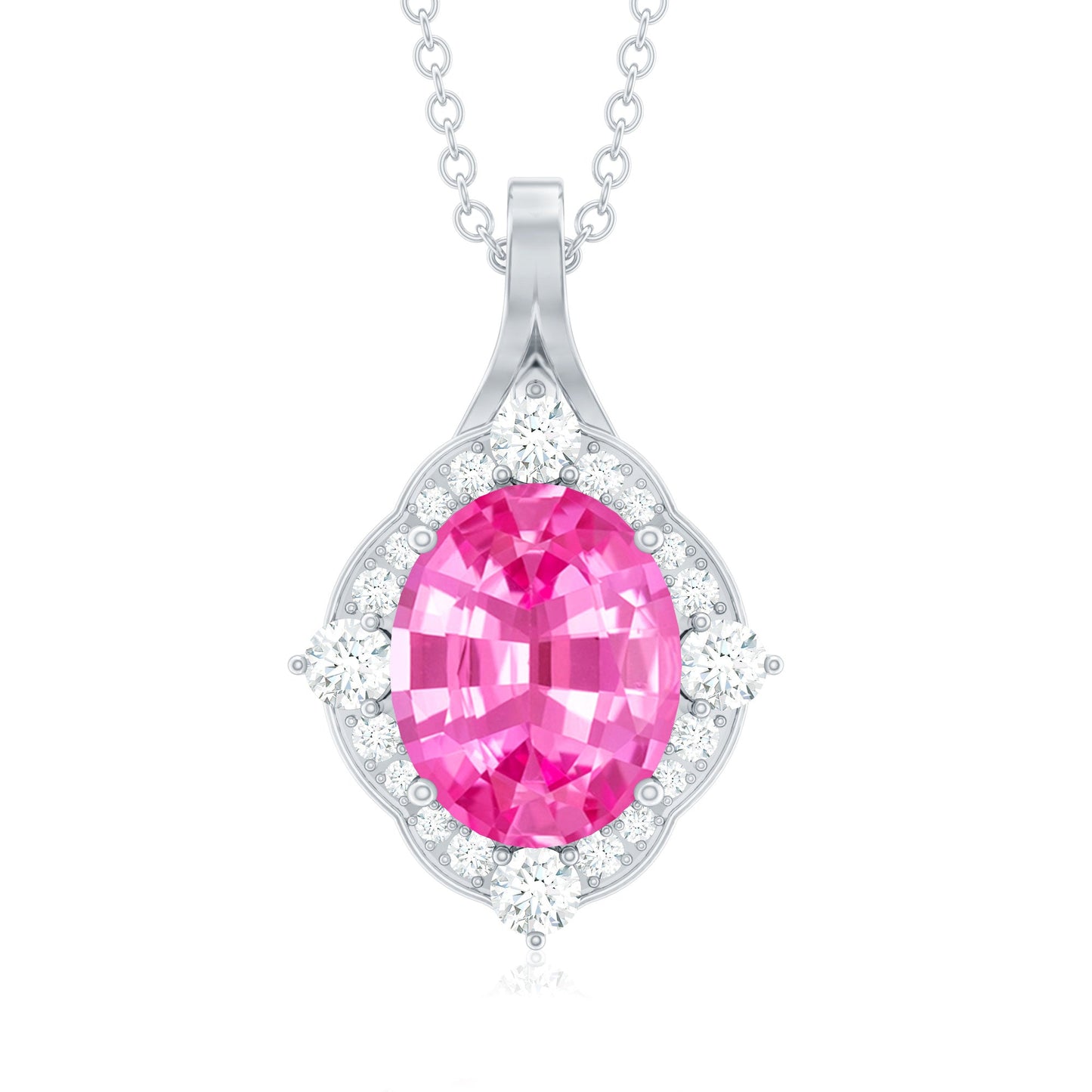 Oval Created Pink Sapphire Vintage Style Pendant with Diamond Halo