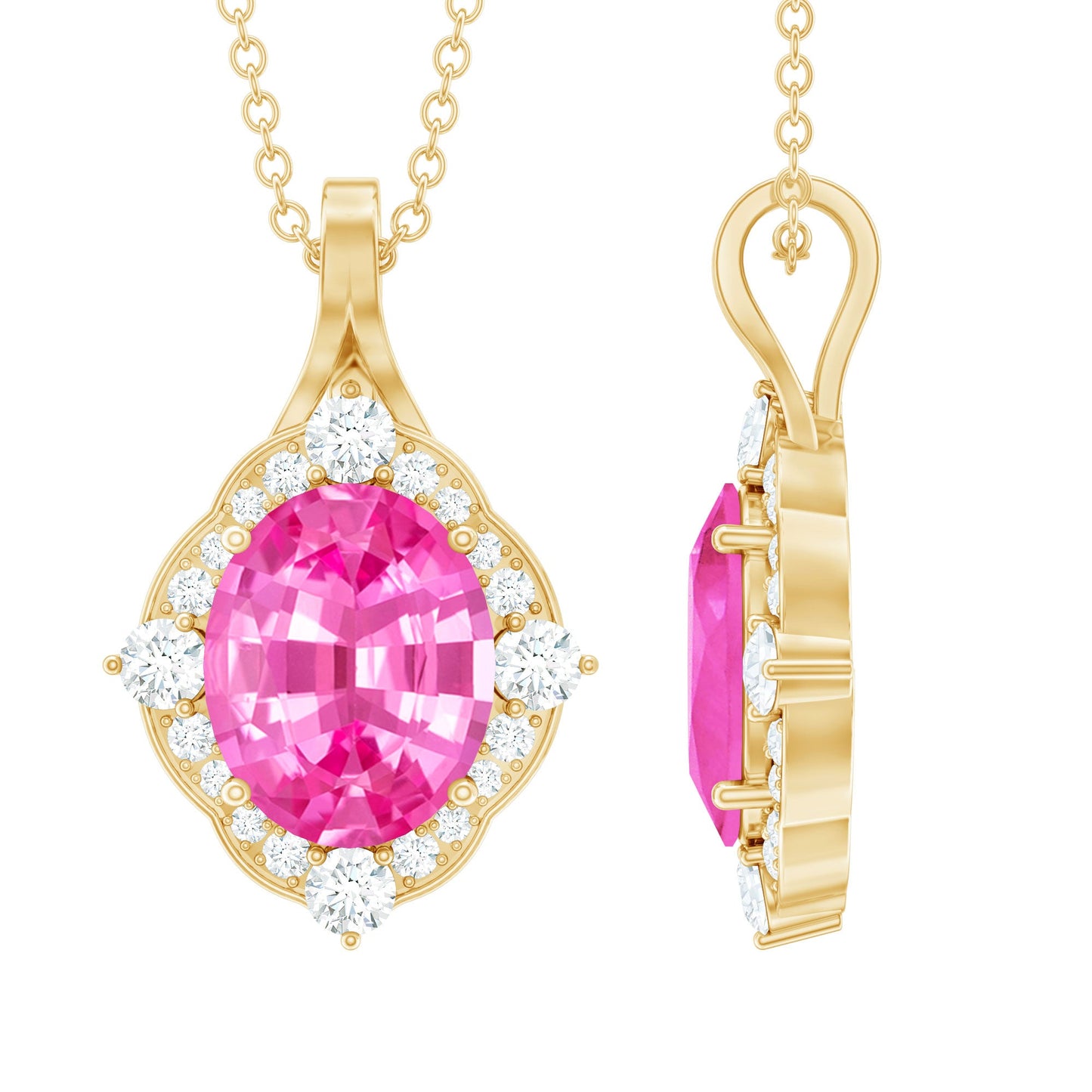 Oval Created Pink Sapphire Vintage Style Pendant with Diamond Halo