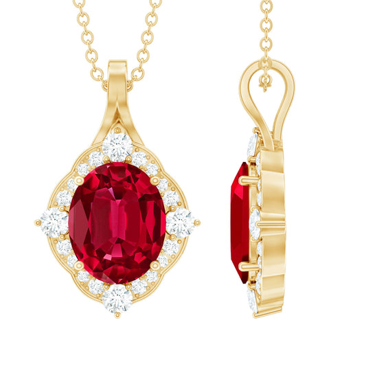 4 Carat Lab Grown Ruby Vintage Inspired Necklace with Diamond Halo