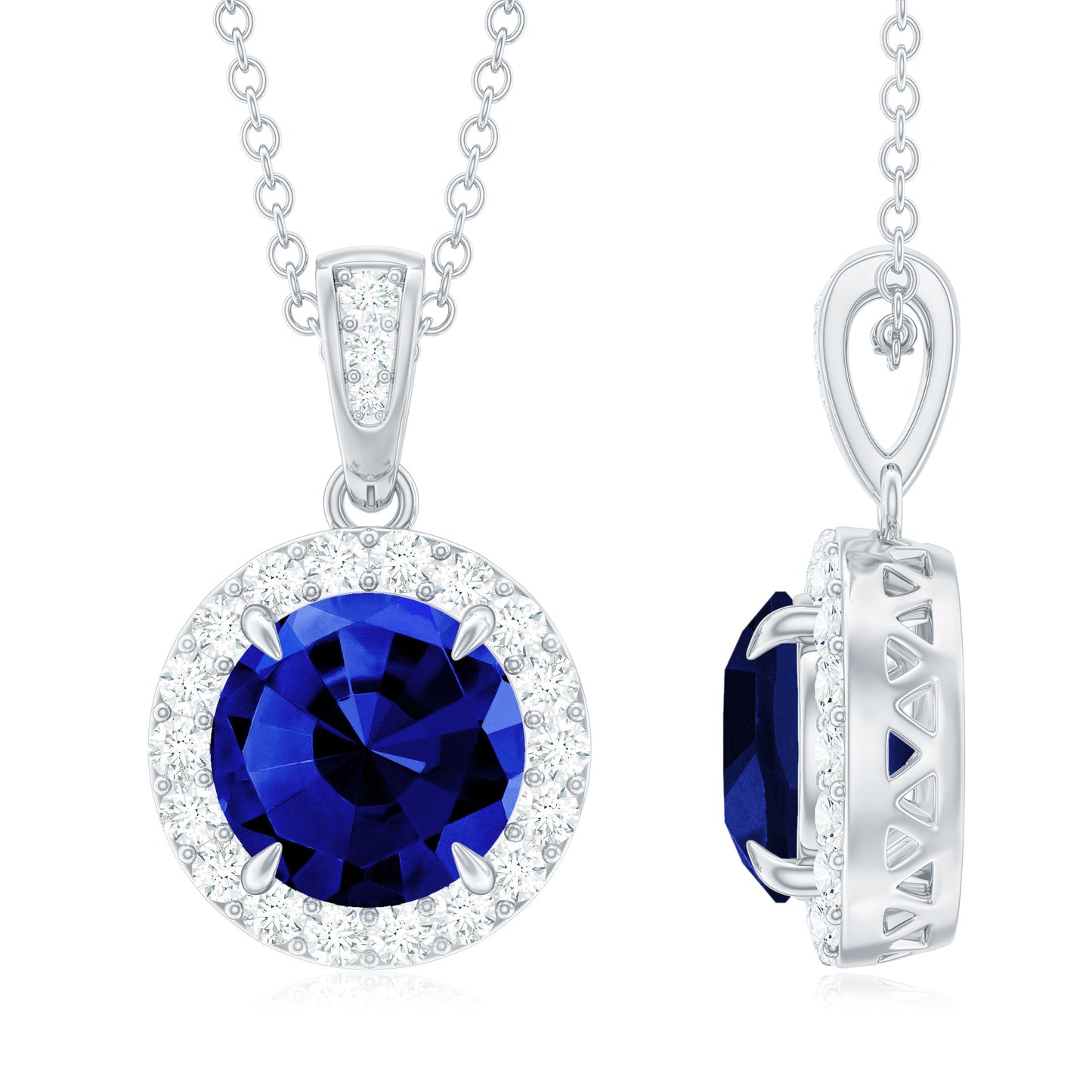2.74 Carat Round Lab Created Blue Sapphire Halo Necklace with White Diamond