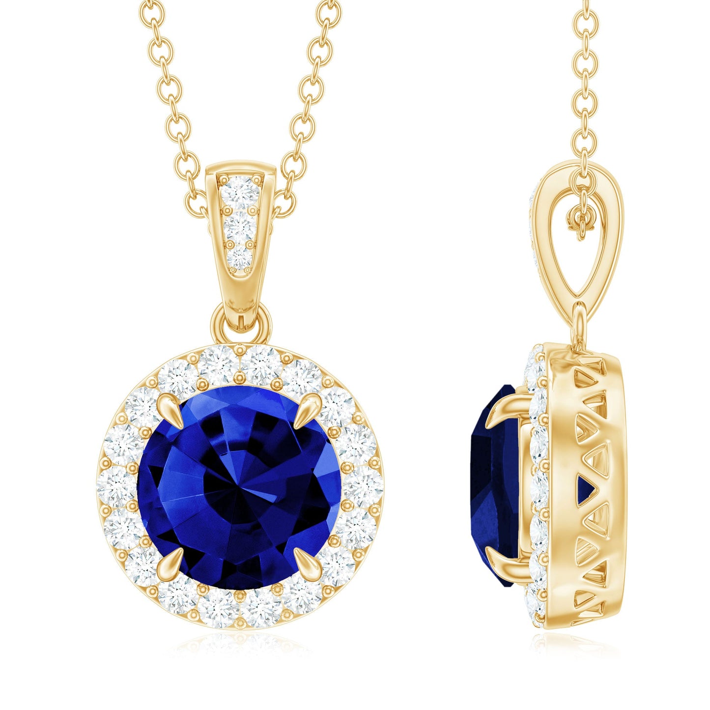 2.74 Carat Round Lab Created Blue Sapphire Halo Necklace with White Diamond