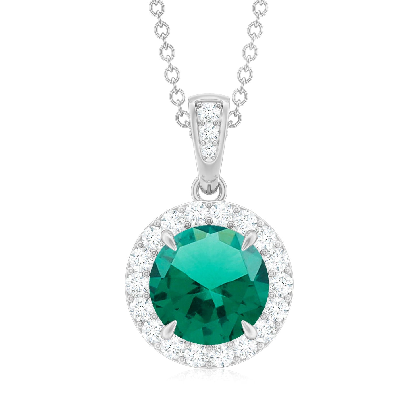 Round Cut Lab Grown Emerald Necklace With Moissanite Halo