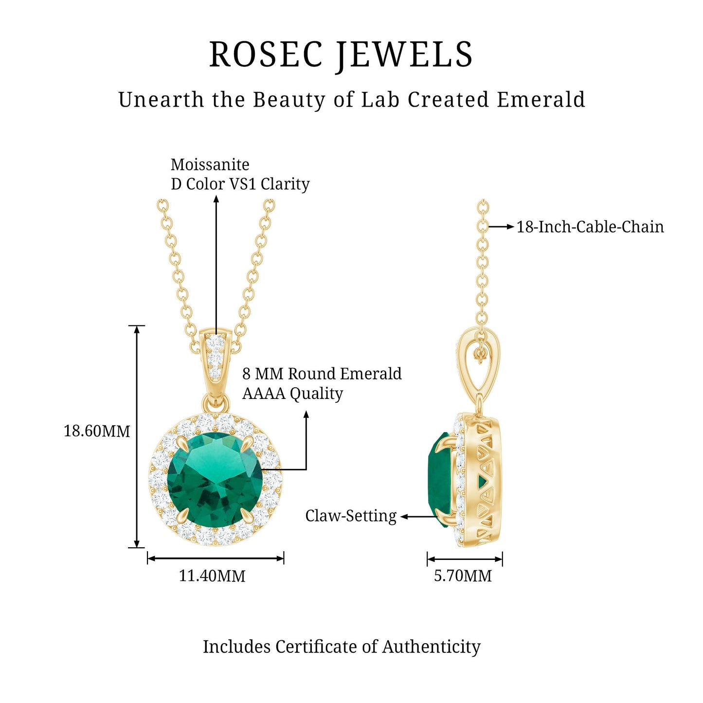 Round Cut Lab Grown Emerald Necklace With Moissanite Halo