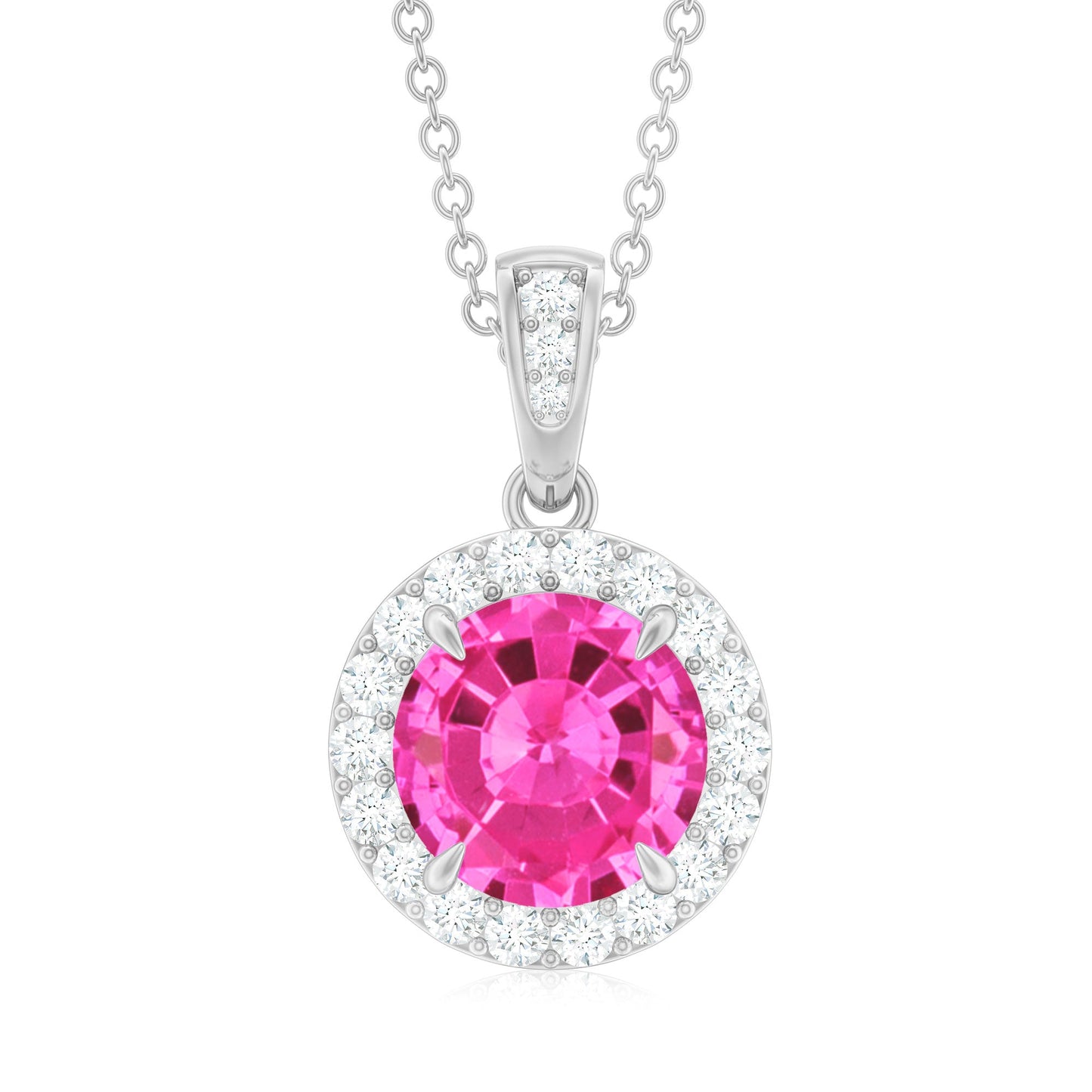 Lab-Created Pink Sapphire Halo Pendant with Diamond