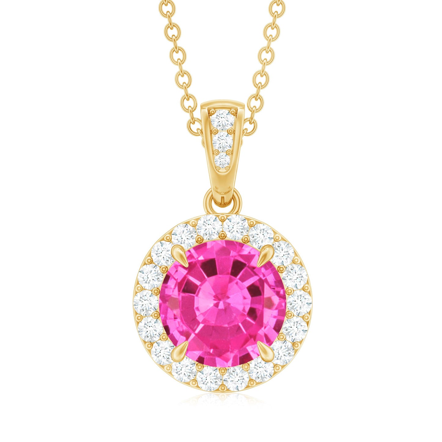 Lab-Created Pink Sapphire Halo Pendant with Diamond