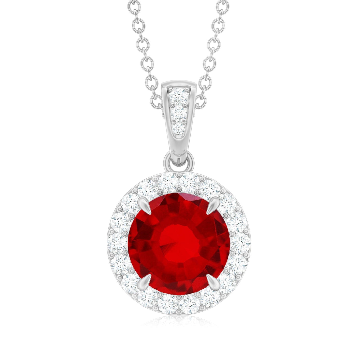Round Created Ruby and Diamond Classic Halo Pendant