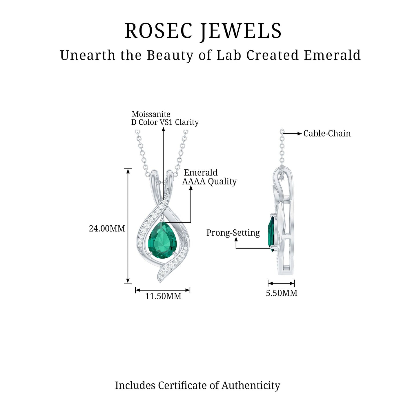 Pear Cut Created Emerald Teardrop Pendant with Moissanite
