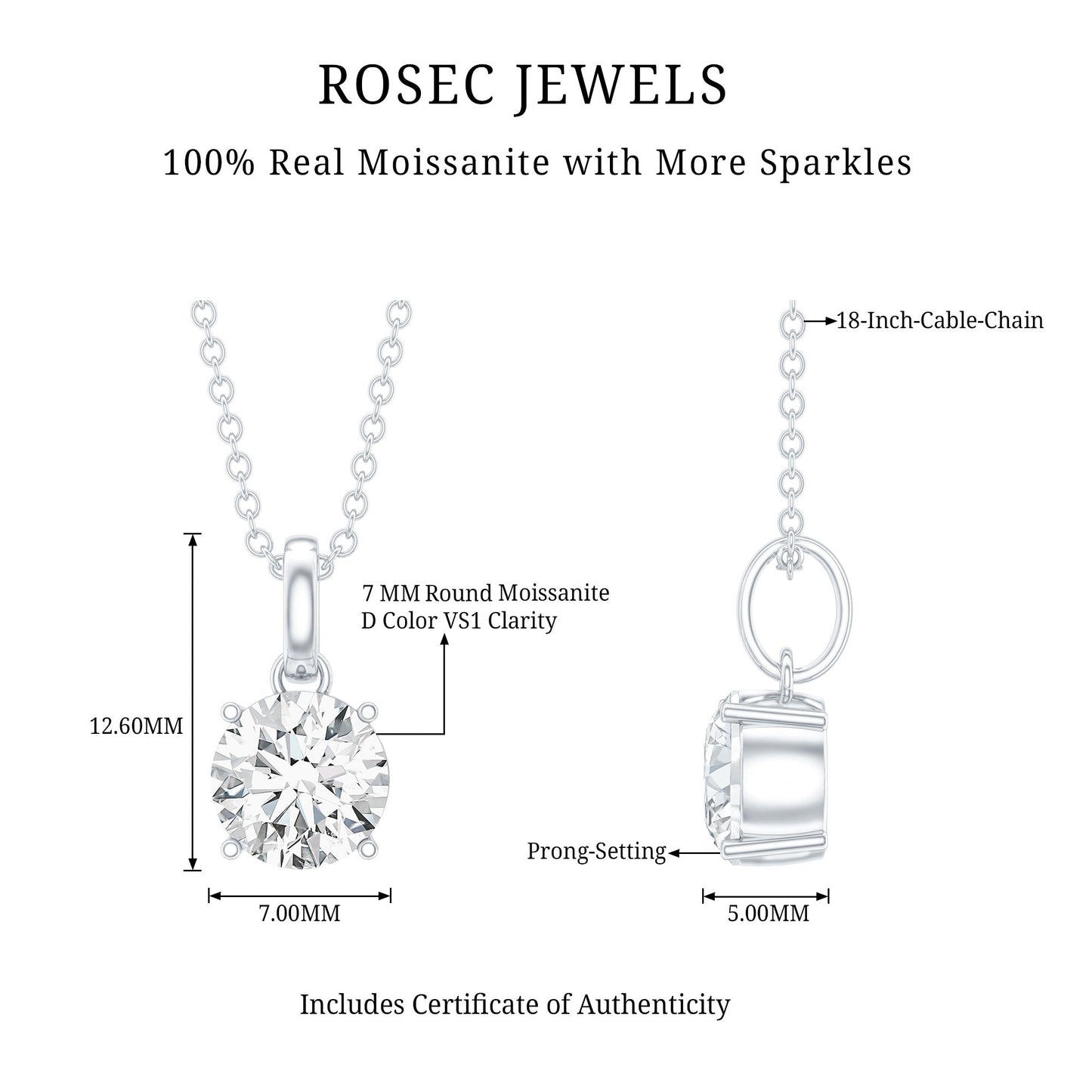 1 Carat Round Moissanite Solitaire Pendant Necklace in Prong Setting