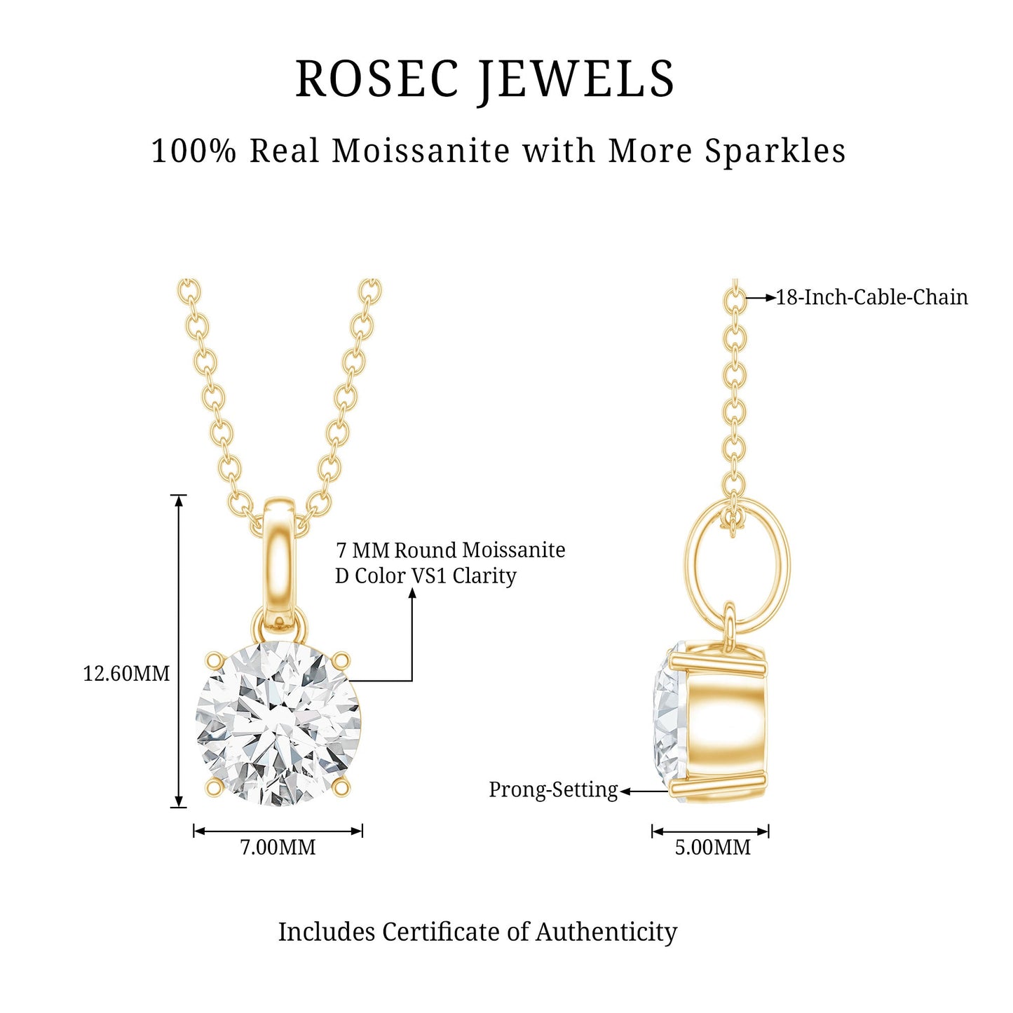 1 Carat Round Moissanite Solitaire Pendant Necklace in Prong Setting